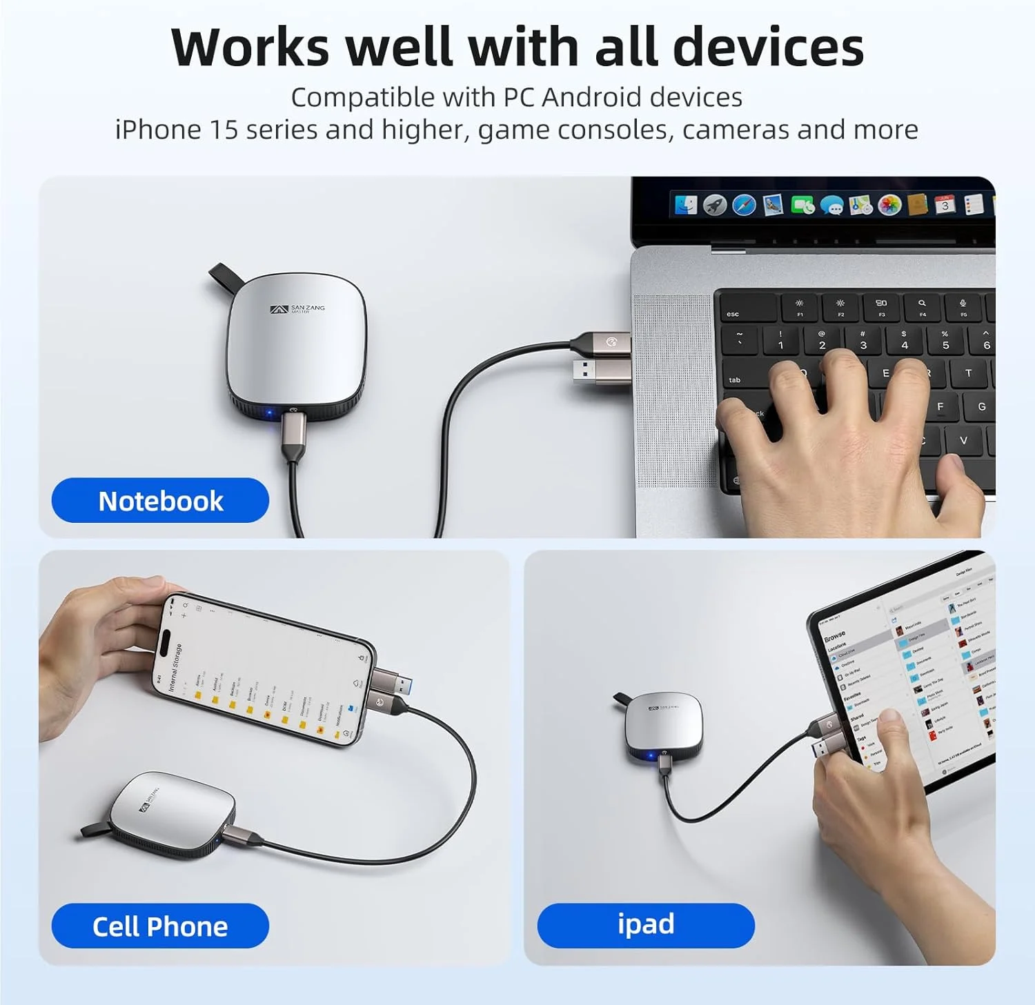 حافظه اس اس دی اکسترنال قابل حمل SAN ZANG MASTER با ظرفیت 1 ترابایت، طراحی مدرن و مینیمالیستی، بدنه آلومینیومی سبک، سازگار با USB-C برای کامپیوتر و لپ تاپ