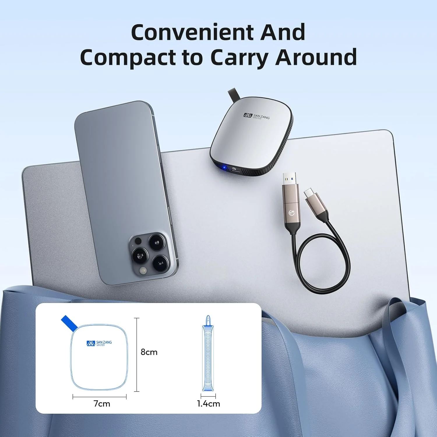 حافظه اس اس دی اکسترنال قابل حمل SAN ZANG MASTER با ظرفیت 1 ترابایت، طراحی مدرن و مینیمالیستی، بدنه آلومینیومی سبک، سازگار با USB-C برای کامپیوتر و لپ تاپ