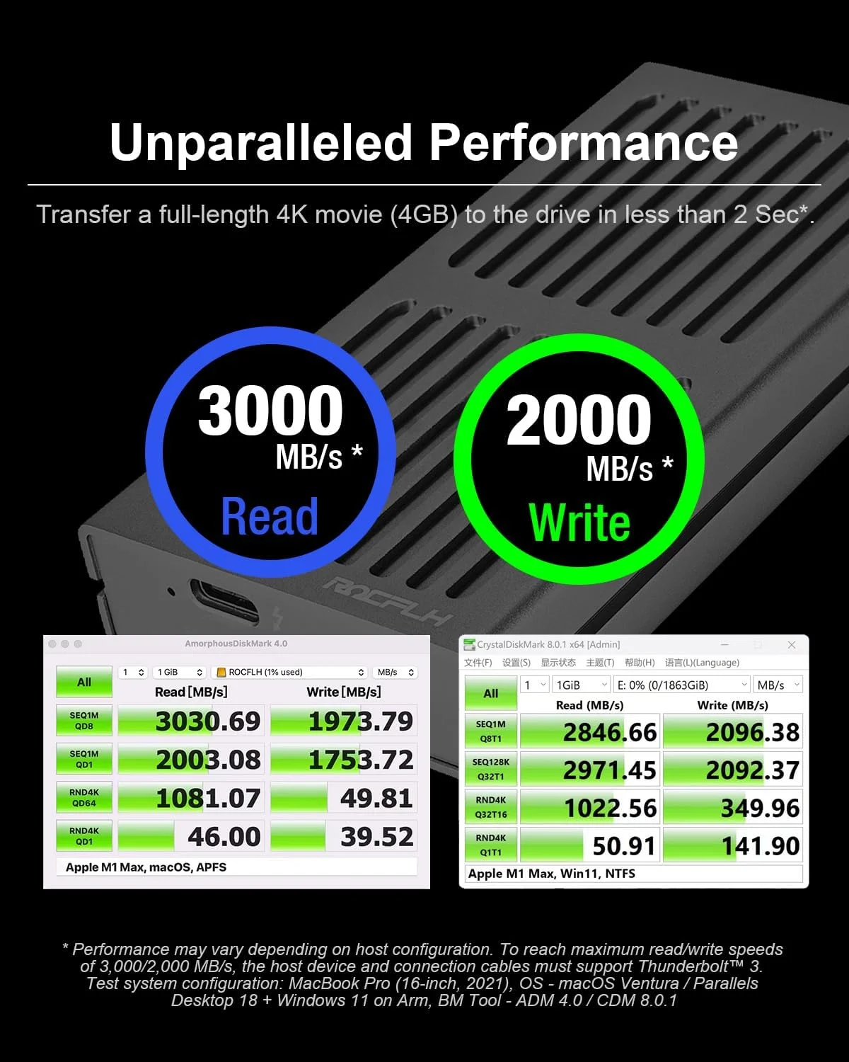 حافظه اس اس دی اکسترنال قابل حمل OPQ7 2T - سرعت تا 3000 مگابایت بر ثانیه، تاندربولت 3/4 (40 گیگابیت بر ثانیه)، USB-C (10 گیگابیت بر ثانیه) - برای اپل M1 مک و لپ تاپ دسکتاپ PC (OPQ7-2000G)