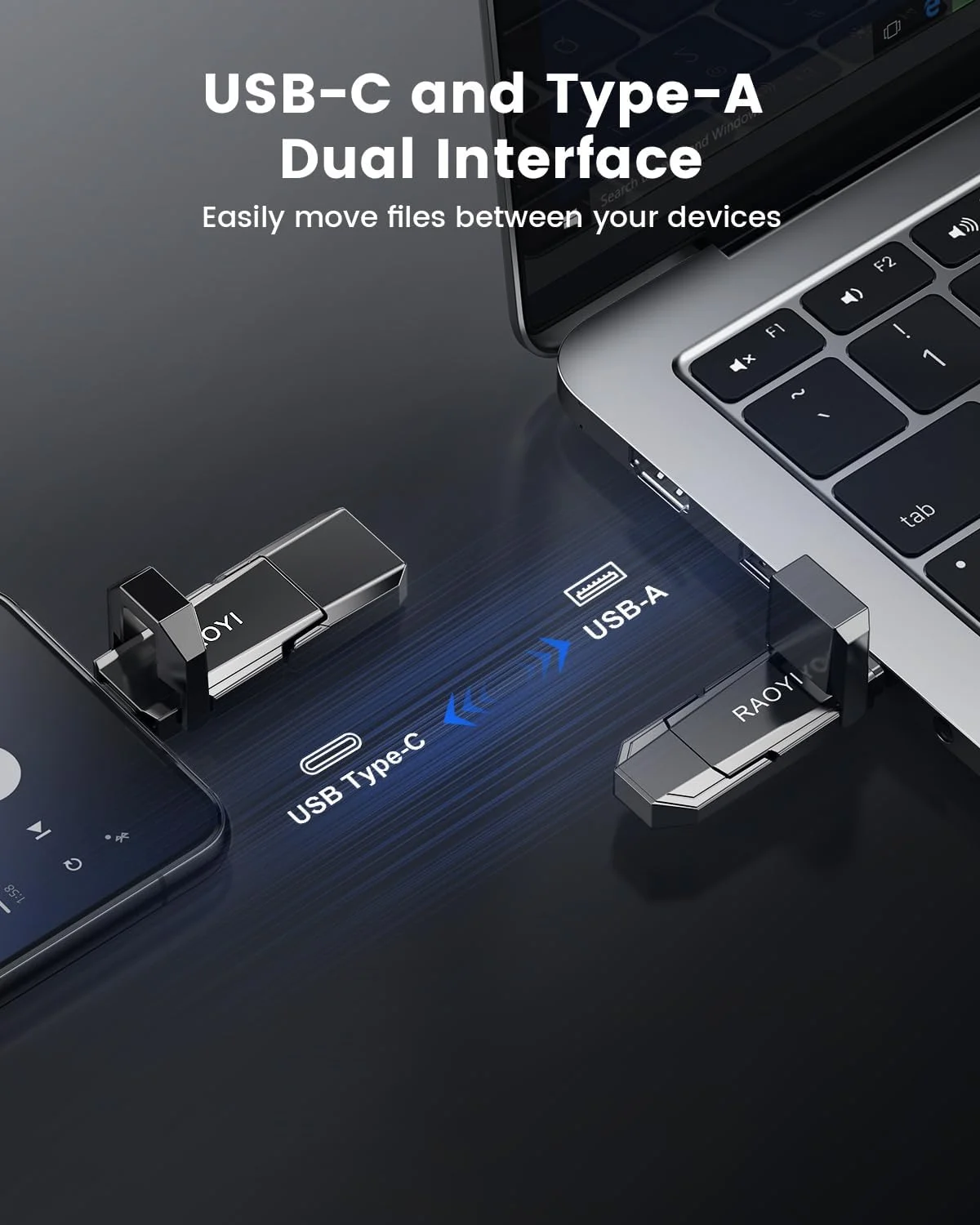 درایو حالت جامد اکسترنال 256 گیگابایتی USB C مدل RAOYI، درایو USB 3.2 با سرعت انتقال تا 450 مگابایت بر ثانیه، درایو USB قابل حمل دوگانه Type-C و USB-A برای آیفون 15/16، اندروید، تبلت، کامپیوتر و PS4