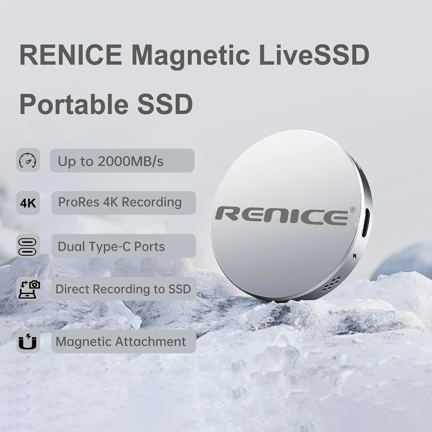 درایو حالت جامد اکسترنال مغناطیسی 2 ترابایتی RENICE liveSSD، USB3.2 Gen2x2، سرعت خواندن تا 2000 مگابایت بر ثانیه، درایو حالت جامد اکسترنال قابل حمل فوق العاده جمع و جور، دو پورت USBC اضافی