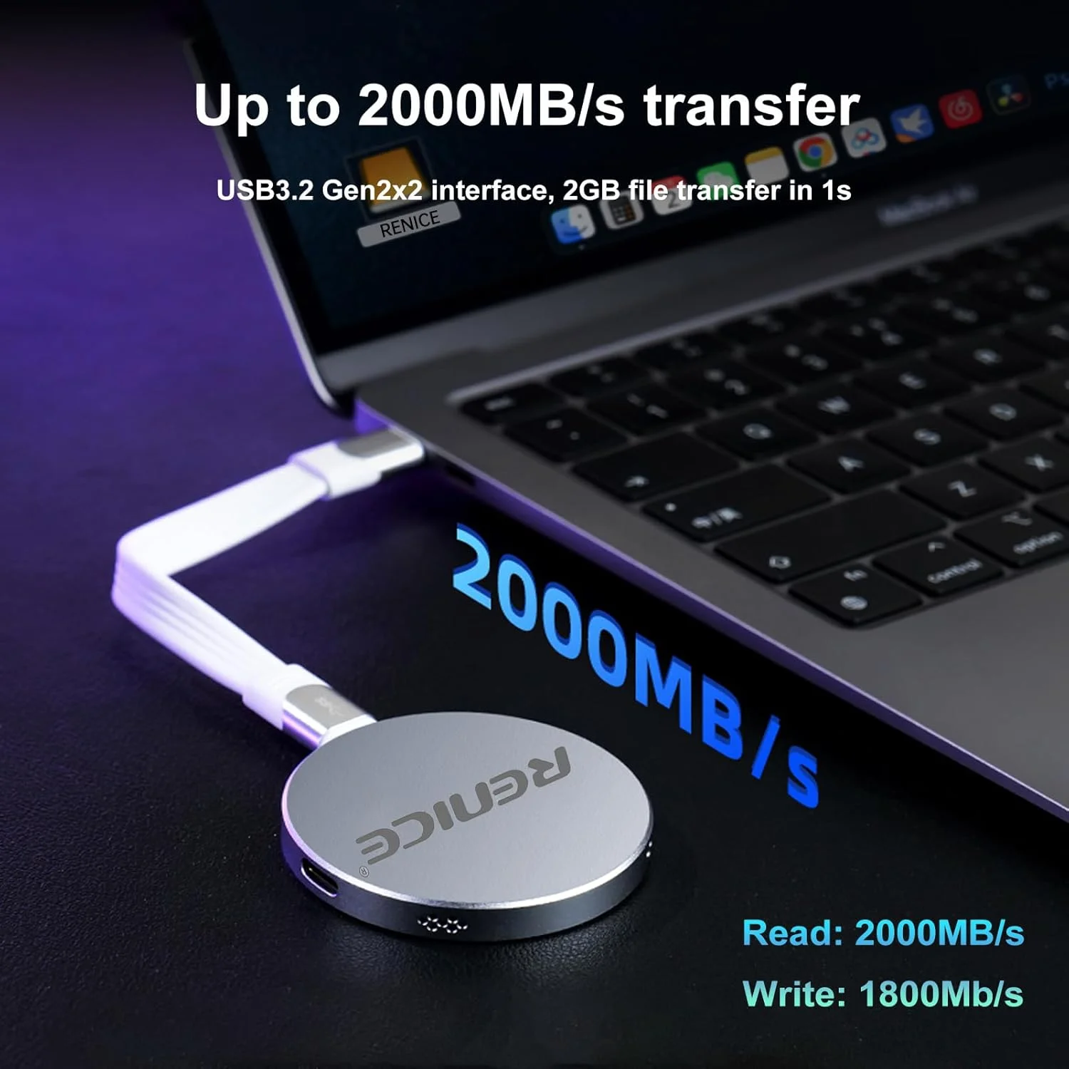 درایو حالت جامد اکسترنال مغناطیسی 2 ترابایتی RENICE liveSSD، USB3.2 Gen2x2، سرعت خواندن تا 2000 مگابایت بر ثانیه، درایو حالت جامد اکسترنال قابل حمل فوق العاده جمع و جور، دو پورت USBC اضافی