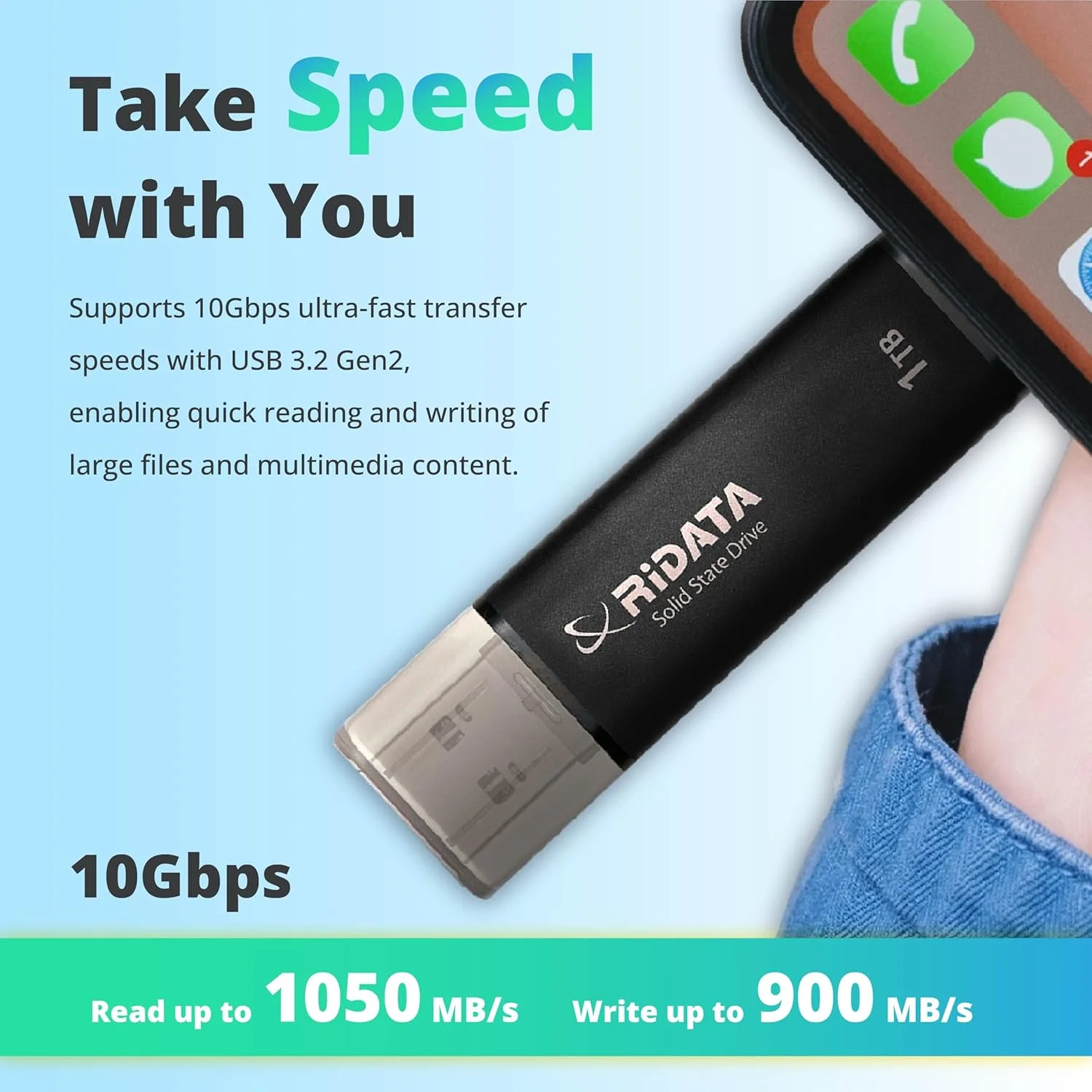 درایو حالت جامد اکسترنال قابل حمل ریداتا Uv903 نقره ای 1 ترابایت، سرعت خواندن/نوشتن تا 1050 مگابایت بر ثانیه و 900 مگابایت بر ثانیه، USB 3.2 Gen 2 OTG، USB C و USB A، سازگار با تلفن ها، PS5، A