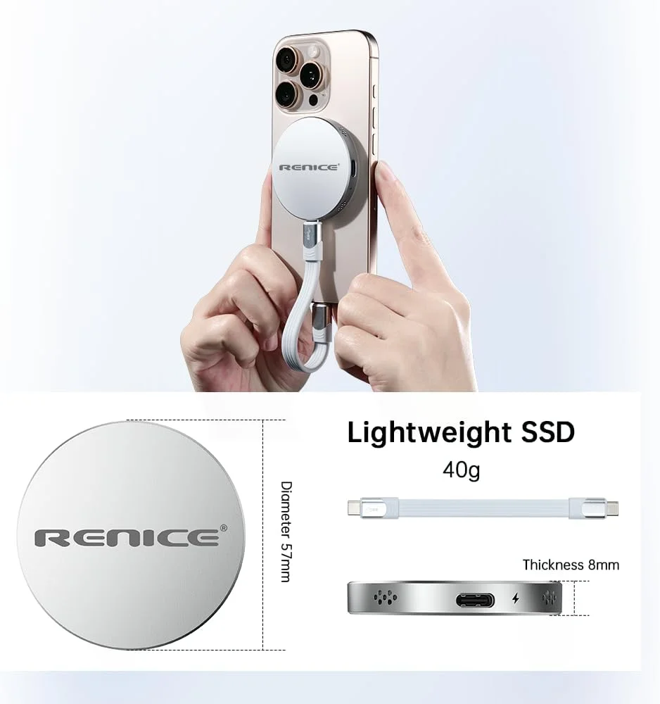 حافظه اس اس دی اکسترنال قابل حمل RENICE با ظرفیت 1 ترابایت، سرعت انتقال تا 2000 مگابایت بر ثانیه، USB3.2 Gen2X2 20Gbps، مصرف انرژی فوق العاده کم، سازگار با آیفون 15 پرو مکس ProRes، مک بوک، گوشی های اندروید و لپ تاپ