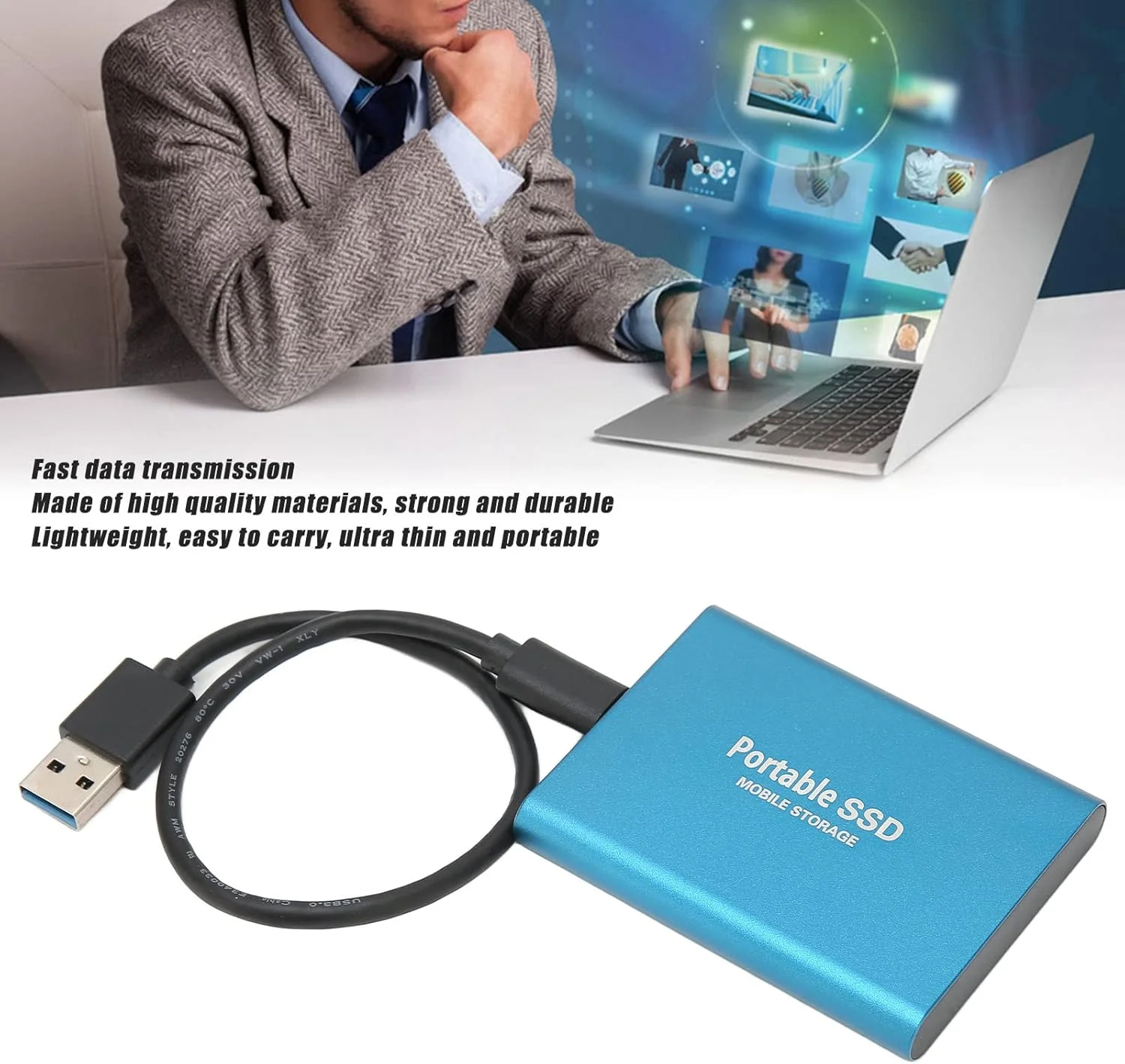 درایو حالت جامد قابل حمل اکسترنال USB3.1 سازگار با Win7 Win8 Win10 Linux برای IOS PC کامپیوتر لپ تاپ USB 3.1 USB-C درایو حالت جامد اکسترنال با کابل Type C (آبی 256 گیگابایت)