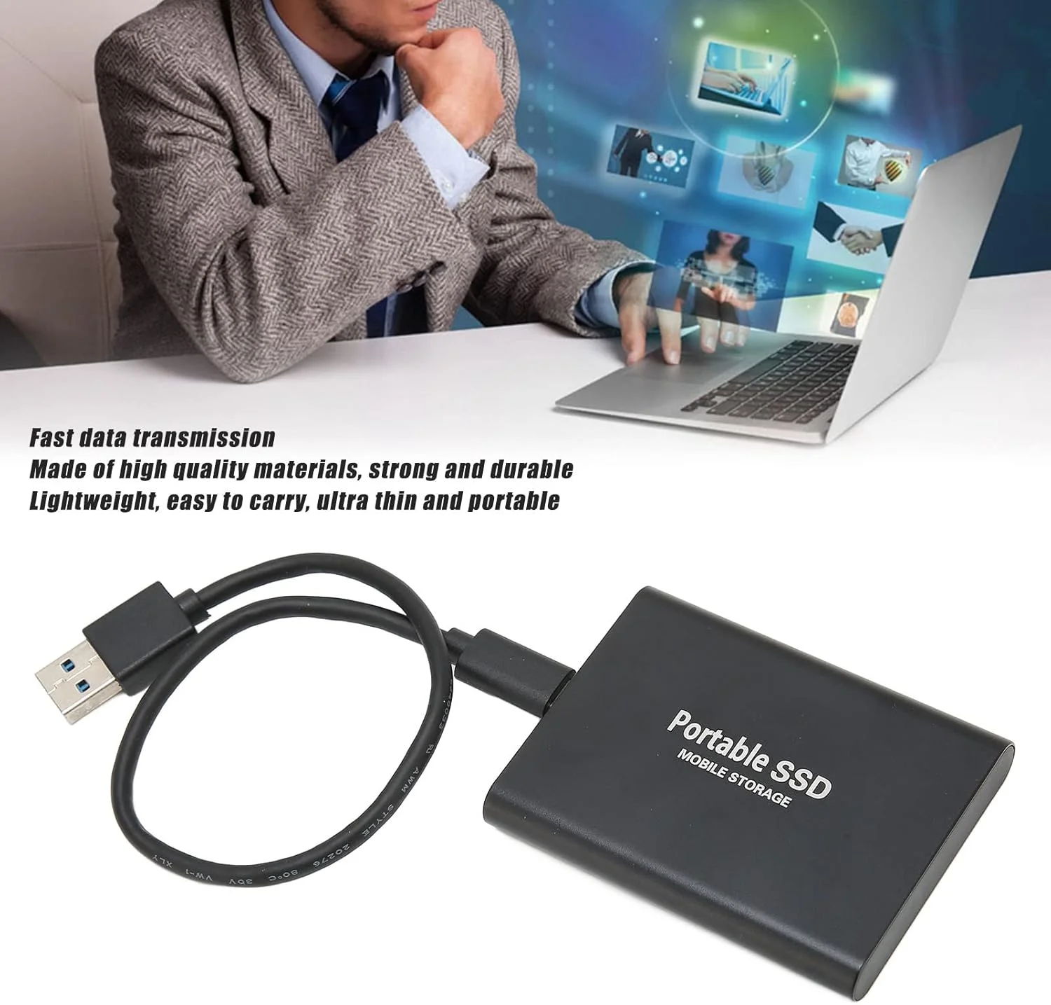 درایو حالت جامد قابل حمل اکسترنال USB3.1، سازگار با Win7 Win8 Win10 Linux برای IOS PC کامپیوتر لپ تاپ USB 3.1 USB-C به همراه کابل Type C (مشکی 32 گیگابایت)