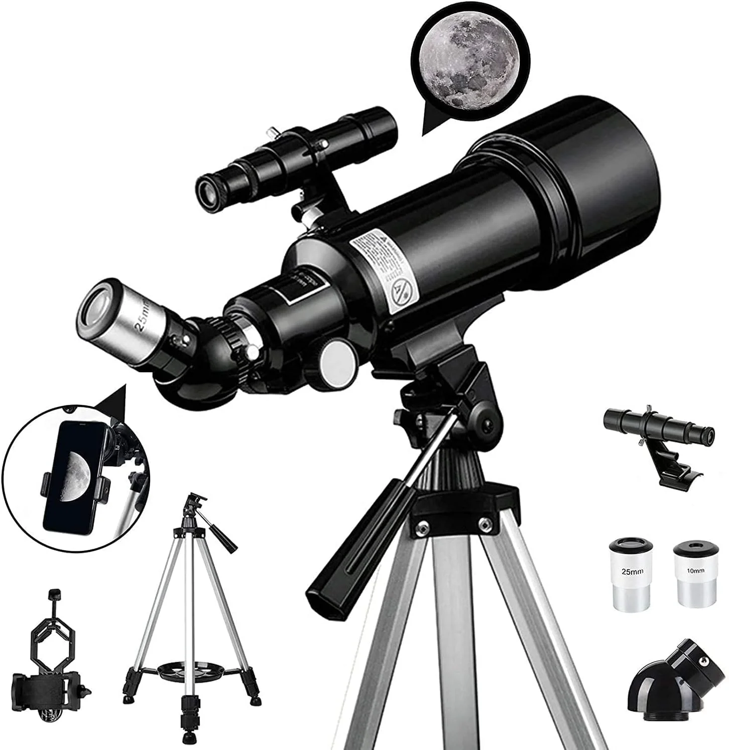 تلسکوپ مناسب Ultra HD، تلسکوپ نجومی مناسب برای مبتدیان، تلسکوپ منکساری 400/70 میلی‌متری مناسب، با سه‌پایه قابل تنظیم، آداپتور تلفن
