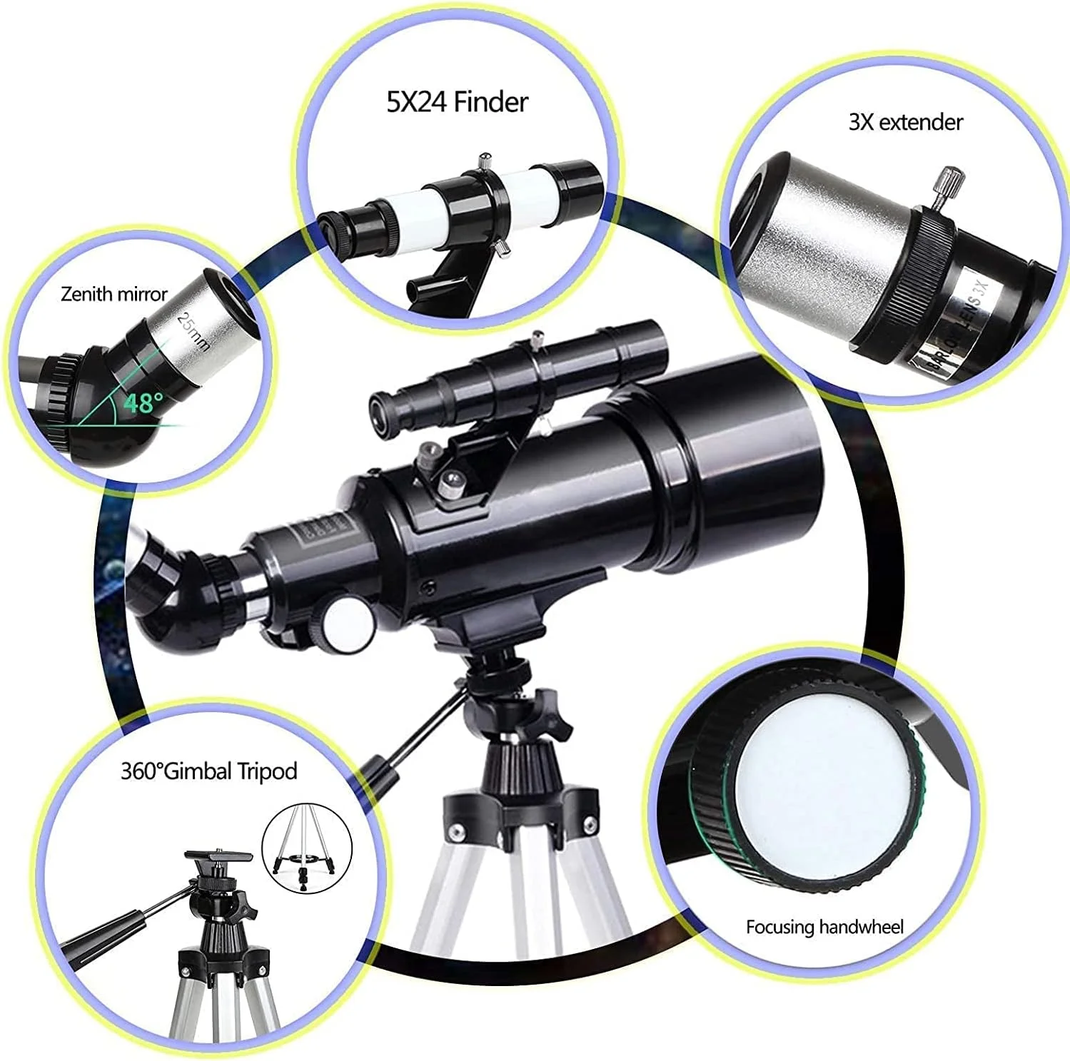 تلسکوپ مناسب Ultra HD، تلسکوپ نجومی مناسب برای مبتدیان، تلسکوپ منکساری 400/70 میلی‌متری مناسب، با سه‌پایه قابل تنظیم، آداپتور تلفن