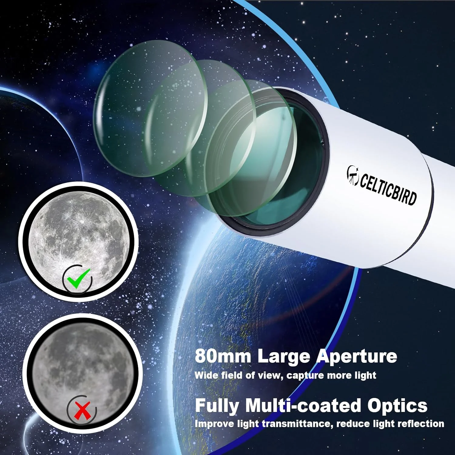 تلسکوپ با قدرت بالا برای بزرگسالان، تلسکوپ های مسافرتی برای مبتدیان نجوم، تلسکوپ شکستنی با دیافراگم 80 میلی متری با پایه AZ، کیف حمل، پایه تلفن