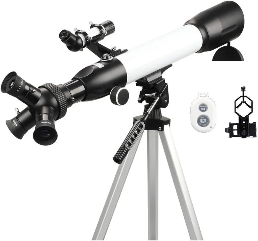تلسکوپ مبتدی، دهانه 60 میلی‌متری، لنز منشوری BAK4 با فاصله کانونی 500 میلی‌متر، مناسب برای نجوم، دارای 3 چشمی، به همراه پایه نگهدارنده گوشی هوشمند و سه‌پایه