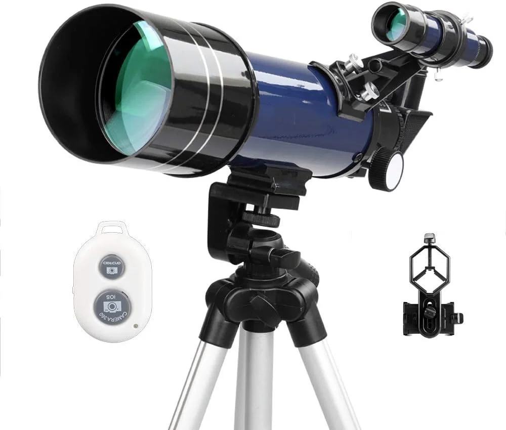 تلسکوپ شکستنی نجومی با لنز منشور BAK4، دهانه 70 میلیمتری و فاصله کانونی 400 میلیمتری، مناسب برای نجوم با پایه تلفن هوشمند، سه پایه و کنترل بلوتوث تلسکوپ شکستنی نجومی با لنز منشور BAK4، دهانه 70 میلیمتری و فاصله کانونی 400 میلیمتری، مناسب برای نجوم با پایه تلفن هوشمند، سه پایه و کنترل بلوتوث