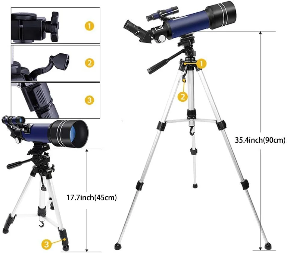 تلسکوپ شکستنی نجومی با لنز منشور BAK4، دهانه 70 میلیمتری و فاصله کانونی 400 میلیمتری، مناسب برای نجوم با پایه تلفن هوشمند، سه پایه و کنترل بلوتوث تلسکوپ شکستنی نجومی با لنز منشور BAK4، دهانه 70 میلیمتری و فاصله کانونی 400 میلیمتری، مناسب برای نجوم با پایه تلفن هوشمند، سه پایه و کنترل بلوتوث