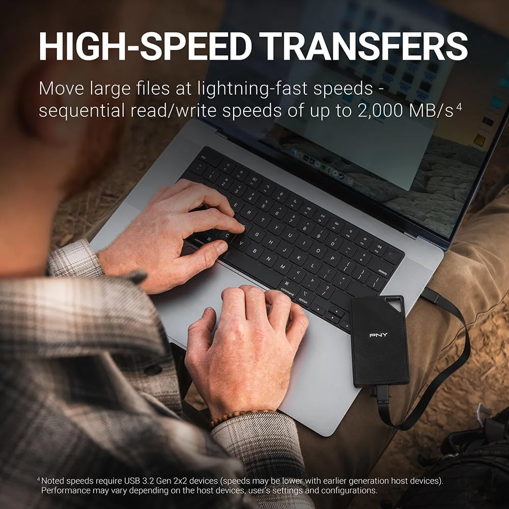 اس اس دی اکسترنال قابل حمل PNY RP60 با ظرفیت 1 ترابایت، USB 3.2 Gen 2x2 Type-C - سرعت خواندن 2,000 مگابایت بر ثانیه (PSD0CS3060-1TB-RB)