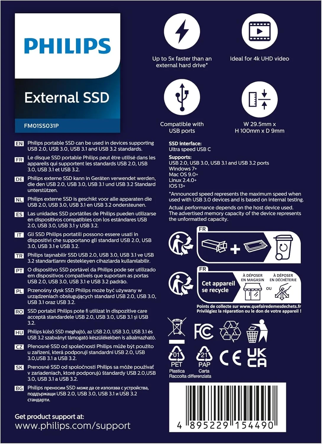 اس اس دی اکسترنال قابل حمل فیلیپس 1 ترابایت - فوق العاده باریک SATA با سرعت فوق العاده USB-C، سرعت خواندن تا 540 مگابایت بر ثانیه، آلومینیومی