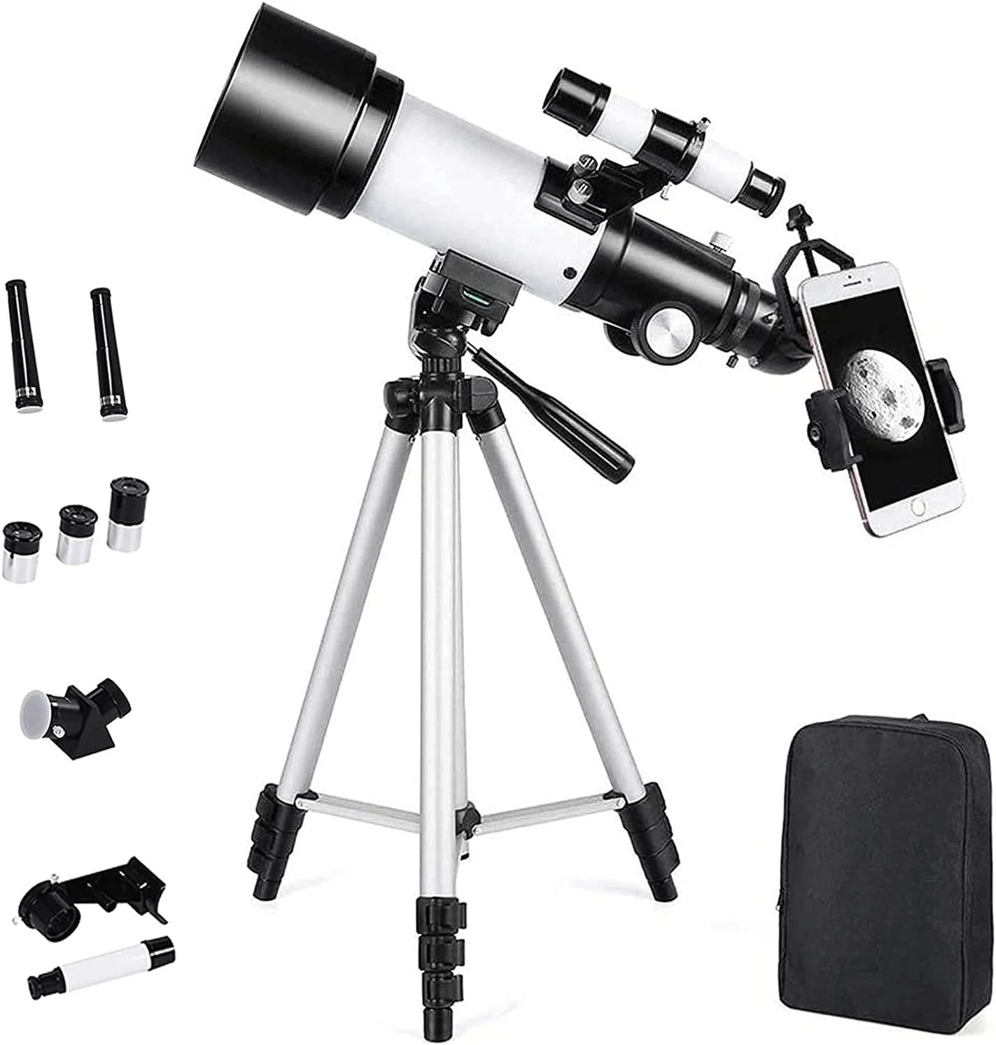 تلسکوپ شکستنی نجومی تمکین، تلسکوپ فوق شفاف با دیافراگم 70 میلی‌متری به همراه کوله پشتی، نقشه یاب، فیلتر ماه، تلسکوپ نجومی با سه پایه برای کودکان و بزرگسالان - سفید
