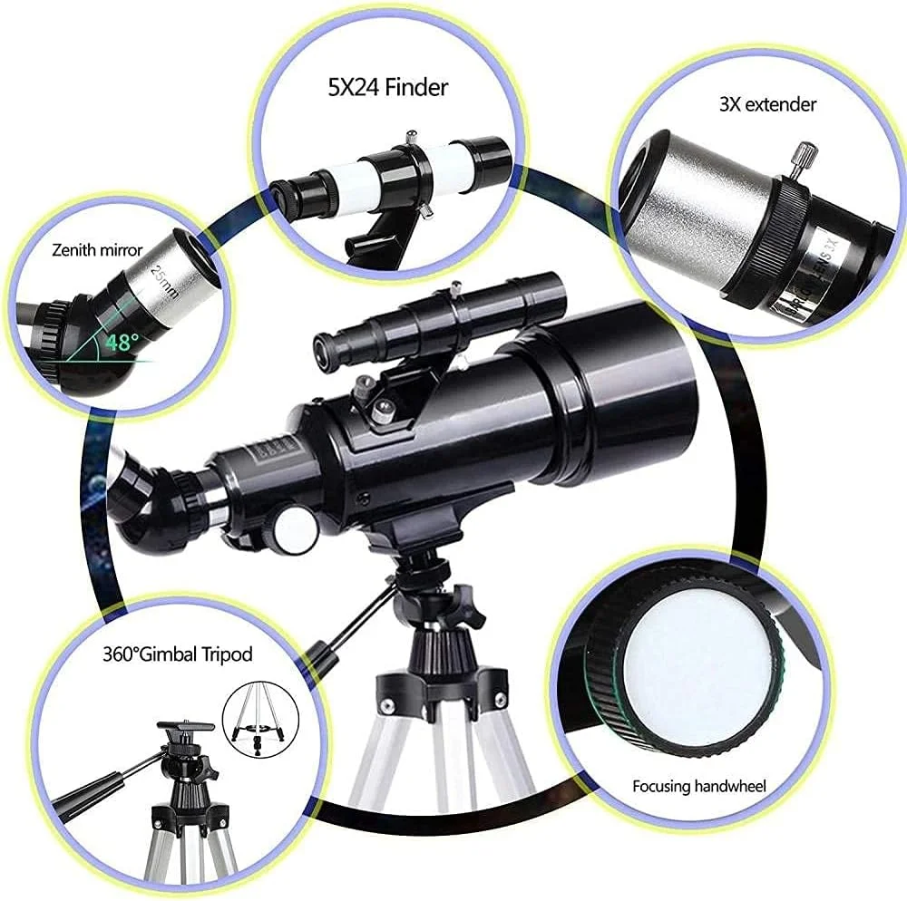 تلسکوپ نجومی برای کودکان و مبتدیان، تلسکوپ منکسوری انکساری 70 میلی‌متری 400 با سه‌پایه قابل تنظیم، آداپتور تلفن، تقویت کننده سیاره‌ای و کیف حمل