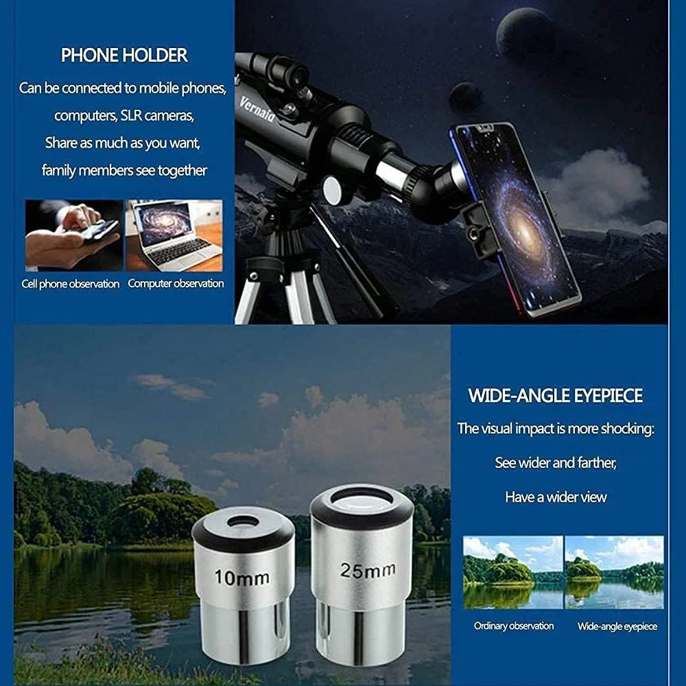 تلسکوپ نجومی برای کودکان و مبتدیان، تلسکوپ منکسوری انکساری 70 میلی‌متری 400 با سه‌پایه قابل تنظیم، آداپتور تلفن، تقویت کننده سیاره‌ای و کیف حمل
