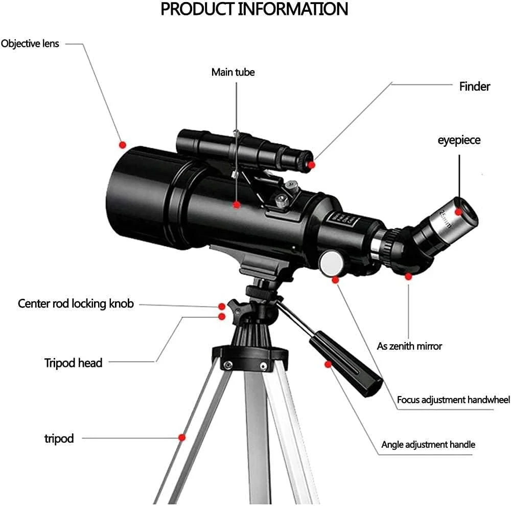 تلسکوپ نجومی برای کودکان و مبتدیان، تلسکوپ منکسوری انکساری 70 میلی‌متری 400 با سه‌پایه قابل تنظیم، آداپتور تلفن، تقویت کننده سیاره‌ای و کیف حمل