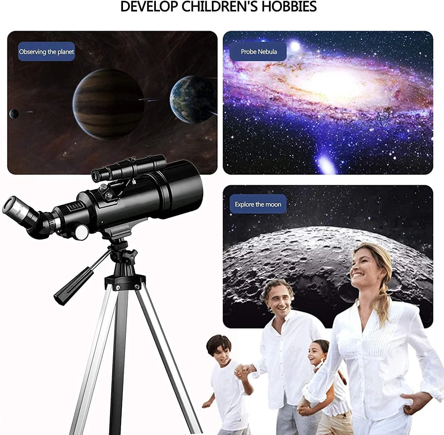 تلسکوپ نجومی برای کودکان و مبتدیان، تلسکوپ منکساری 400/70 میلیمتری، با پایه قابل تنظیم، آداپتور تلفن، تقویتکننده سیارهای و کیف حمل تلسکوپ نجومی برای کودکان و مبتدیان، تلسکوپ منکساری 400/70 میلیمتری، با پایه قابل تنظیم، آداپتور تلفن، تقویتکننده سیارهای و کیف حمل