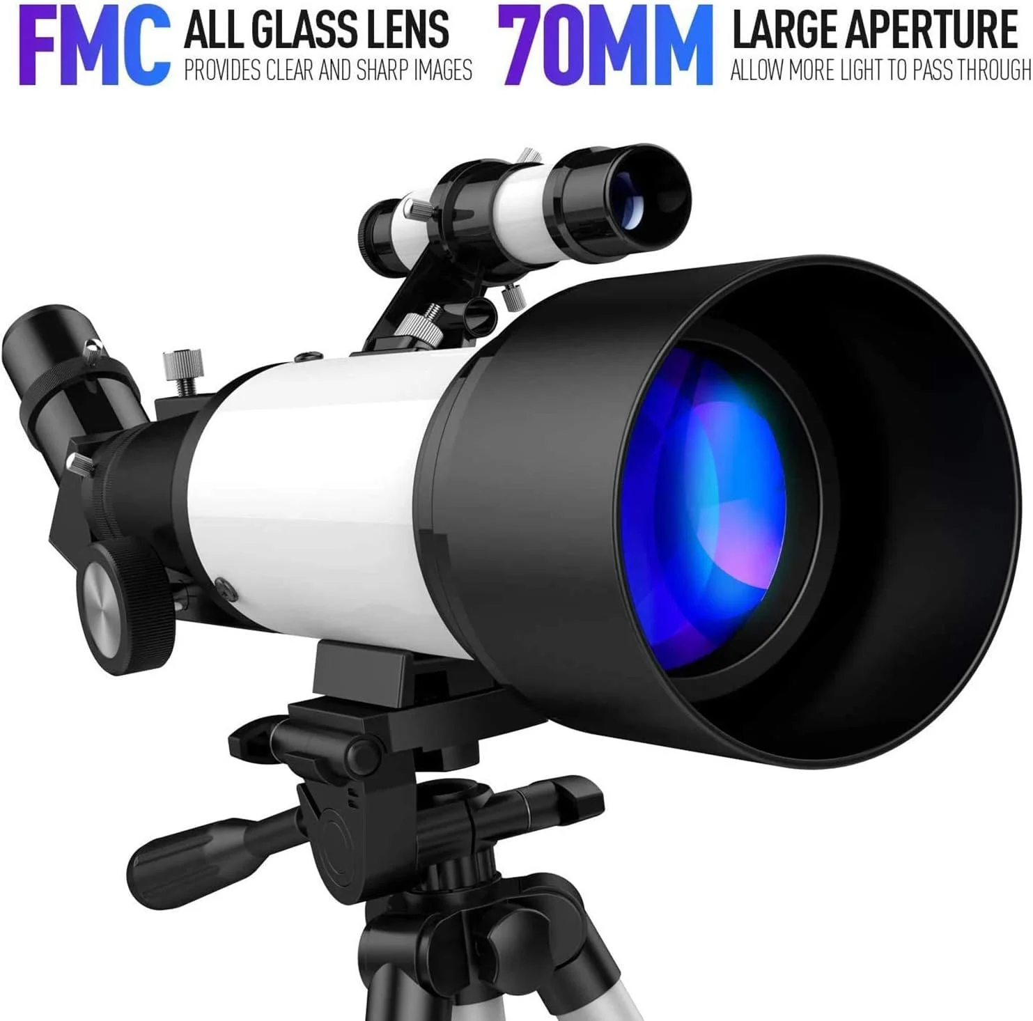 تلسکوپ نجومی برای کودکان، بزرگسالان و مبتدیان، تلسکوپ انکساری نجومی با دهانه 70 میلی‌متری و فاصله کانونی 300 میلی‌متری به همراه سه‌پایه قابل تنظیم و آداپتور تلفن همراه، تلسکوپ قابل حمل