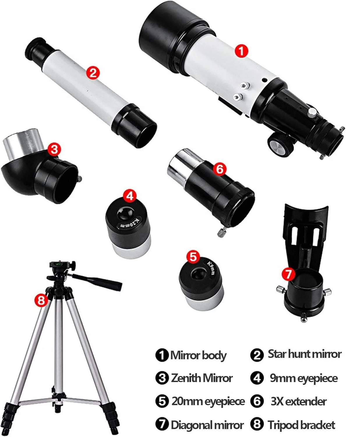 تلسکوپ نجومی با توان بالا، تلسکوپ منکسری با قابلیت بزرگنمایی ۳۳۶ برابر، تلسکوپ تک چشمی فضایی با قابلیت توسعه ۳ برابری و چند لایه