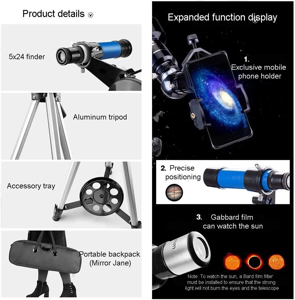 تلسکوپ نجومی با دهانه 70 میلیمتری و پایه AZ 400 میلیمتری، تلسکوپ انکساری برای کودکان، بزرگسالان و مبتدیان، تلسکوپ مسافرتی قابل حمل، با کیف حمل و سه پایه (بسته 3) تلسکوپ نجومی با دهانه 70 میلیمتری و پایه AZ 400 میلیمتری، تلسکوپ انکساری برای کودکان، بزرگسالان و مبتدیان، تلسکوپ مسافرتی قابل حمل، با کیف حمل و سه پایه (بسته 3)