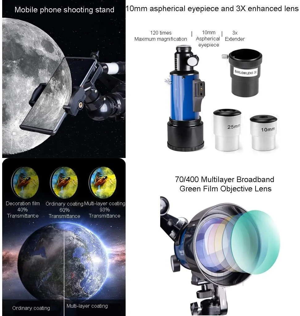 تلسکوپ نجومی با دهانه 70 میلیمتری و پایه AZ 400 میلیمتری، تلسکوپ انکساری برای کودکان، بزرگسالان و مبتدیان، تلسکوپ مسافرتی قابل حمل، با کیف حمل و سه پایه (بسته 3) تلسکوپ نجومی با دهانه 70 میلیمتری و پایه AZ 400 میلیمتری، تلسکوپ انکساری برای کودکان، بزرگسالان و مبتدیان، تلسکوپ مسافرتی قابل حمل، با کیف حمل و سه پایه (بسته 3)