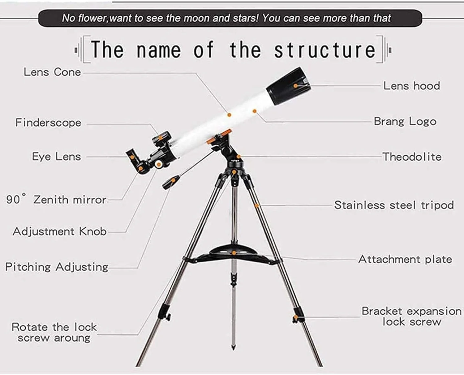 تلسکوپ نجومی انکساری بزرگنمایی بالا تلسکوپ نجومی حرفه ای فضای باز 270X تک چشمی طراحی انکساری نوری دو برابر راحتی قابل حمل
