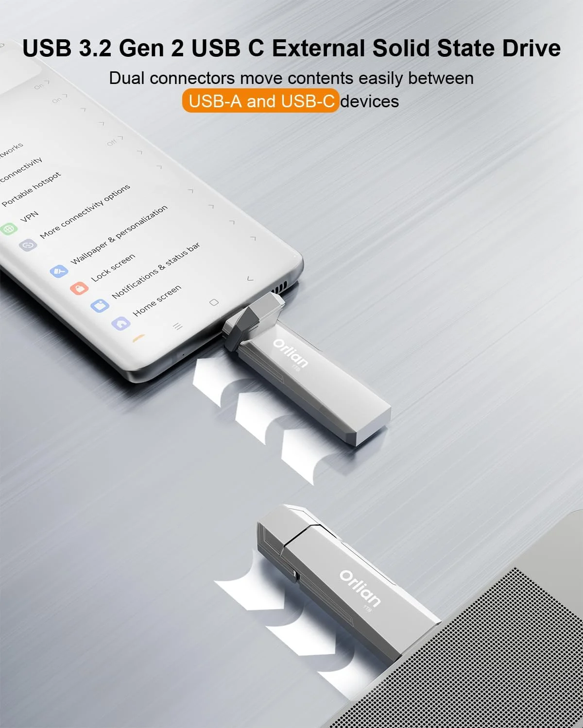 درایو حالت جامد اکسترنال قابل حمل 1 ترابایتی USB با سرعت تا 1000 مگابایت بر ثانیه USB 3.2 Gen 2 درایو دوگانه Type C + USB A برای تلفن/لپ تاپ های اندروید/ویندوز/مک، نقره ای