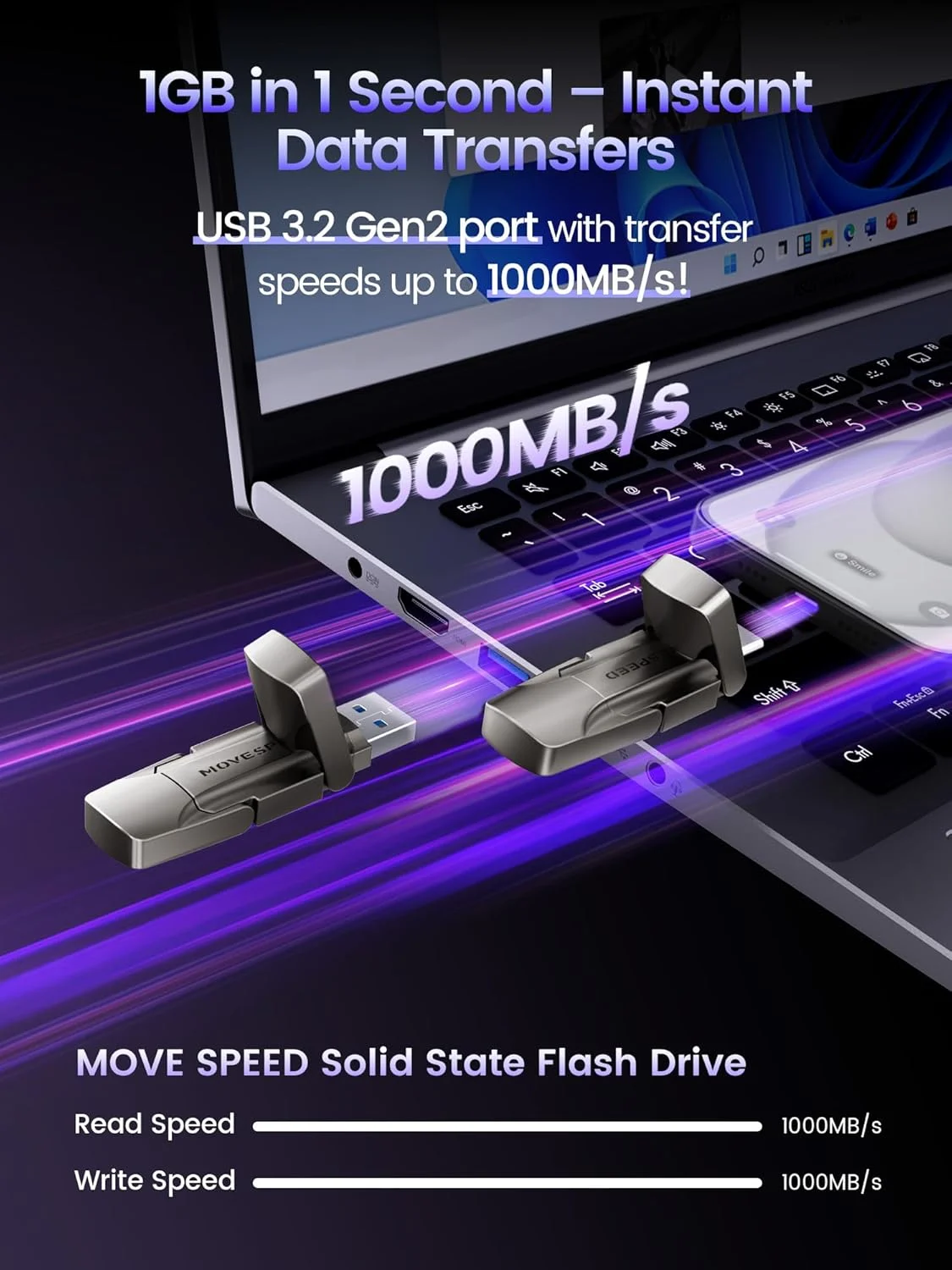 درایو اکسترنال MOVE SPEED با ظرفیت 1 ترابایت و سرعت 1000 مگابایت بر ثانیه، SSD قابل حمل با رابط دوگانه USB 3.2 Gen2 و USB Type-C، SSD اکسترنال USB C برای آیفون 15، 16 پرو/پرو مکس، مک، آیپد، کامپیوتر، اندروید و غیره (تک عددی)
