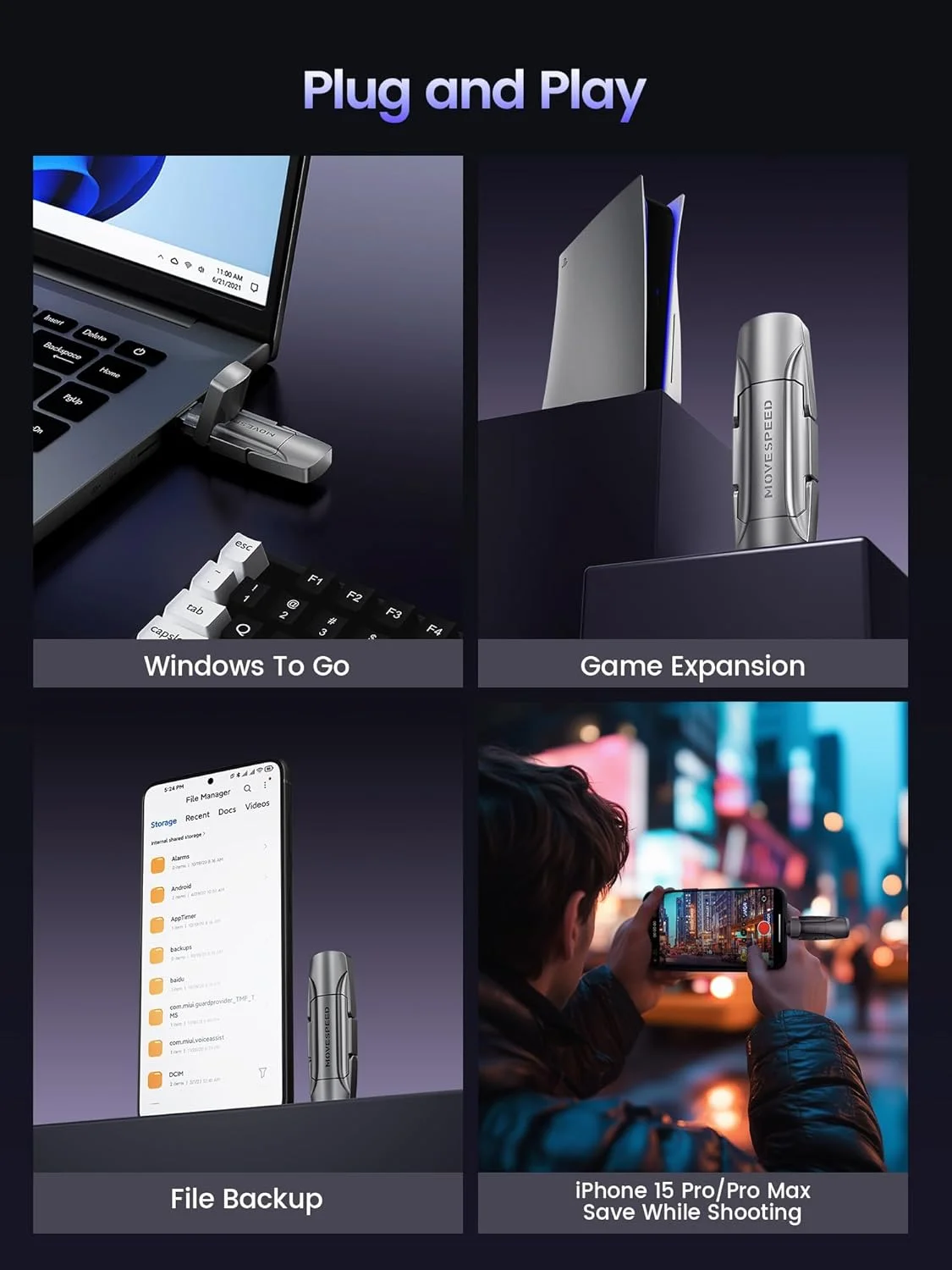 درایو اکسترنال MOVE SPEED با ظرفیت 1 ترابایت و سرعت 1000 مگابایت بر ثانیه، SSD قابل حمل با رابط دوگانه USB 3.2 Gen2 و USB Type-C، SSD اکسترنال USB C برای آیفون 15، 16 پرو/پرو مکس، مک، آیپد، کامپیوتر، اندروید و غیره (تک عددی)