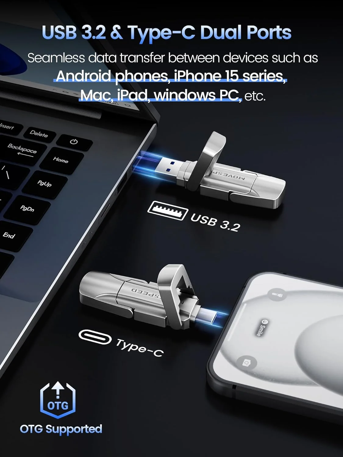 حافظه اس اس دی اکسترنال قابل حمل MOVE SPEED با ظرفیت 1 ترابایت، سرعت 550 مگابایت بر ثانیه، رابط دوگانه USB 3.2 و Type-C، مناسب برای آیفون 15/پرو، مک، آیپد، کامپیوتر، اندروید به همراه کیف جاکلیدی (تک عددی)