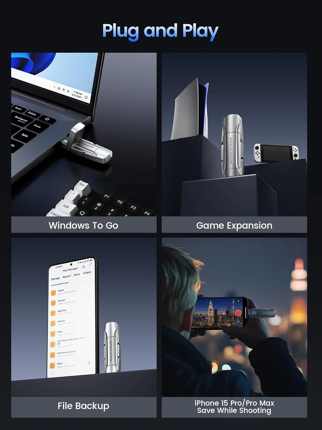 حافظه اس اس دی اکسترنال قابل حمل MOVE SPEED با ظرفیت 1 ترابایت، سرعت 550 مگابایت بر ثانیه، رابط دوگانه USB 3.2 و Type-C، مناسب برای آیفون 15/پرو، مک، آیپد، کامپیوتر، اندروید به همراه کیف جاکلیدی (تک عددی)