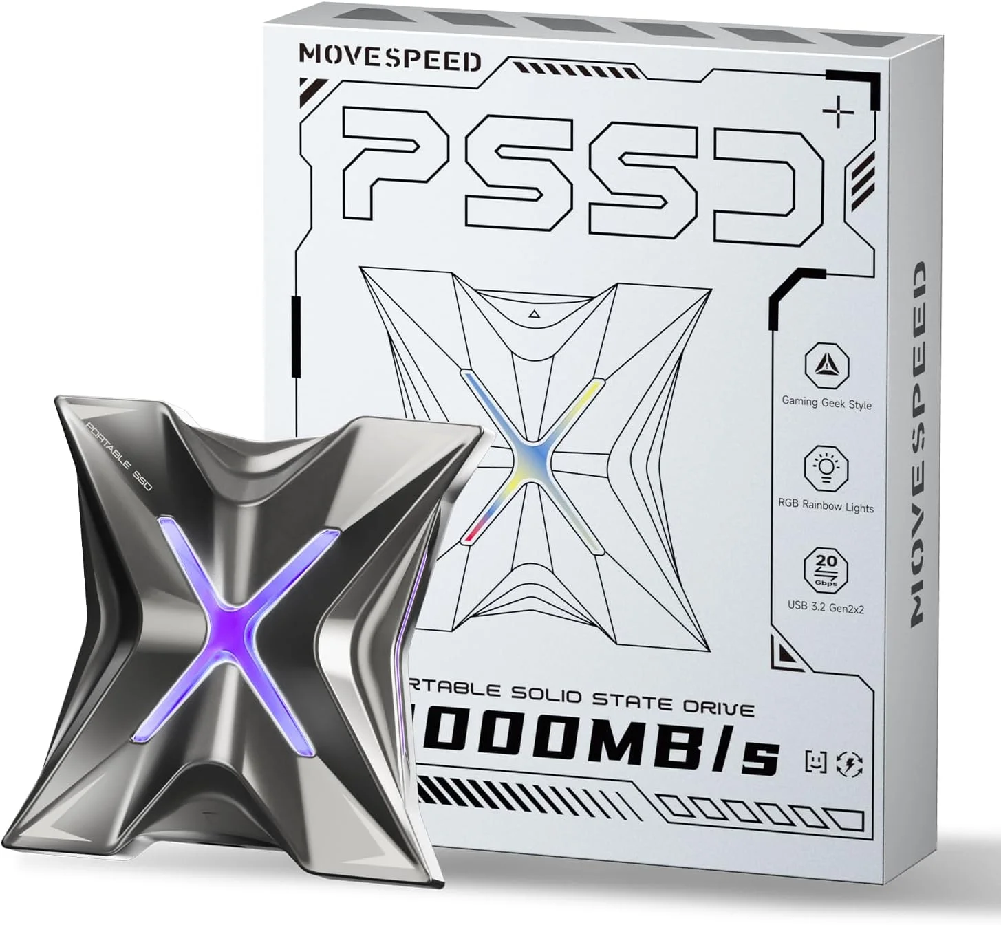 حافظه اس اس دی اکسترنال MOVE SPEED RX20 - هارد اکسترنال 1 ترابایتی تا 2,000 مگابایت بر ثانیه، استفاده از فناوری USB 3.2 Gen 2x2 با Type-C، درایو حالت جامد قابل حمل برای PS5، سری آیفون 15، تلفن همراه Type-C، کامپیوتر، لپ تاپ