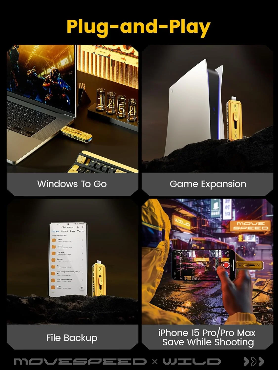 حافظه اس اس دی اکسترنال 1 ترابایتی MOVE SPEED با سرعت خواندن/نوشتن 1000 مگابایت بر ثانیه، فلش درایو USB 3.2 Gen2 + USB C با پورت های دوگانه، طراحی کشویی 3 مرحله ای، درایو انگشتی برای سری iPhone 15/16/Mac/تلفن های اندرویدی و غیره