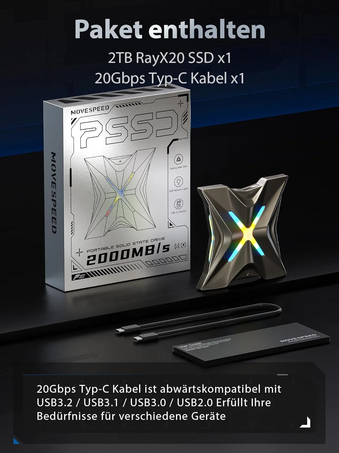 حافظه اس اس دی اکسترنال MOVE SPEED RX20 - هارد اکسترنال 1 ترابایتی تا 2,000 مگابایت بر ثانیه، استفاده از فناوری USB 3.2 Gen 2x2 با Type-C، درایو حالت جامد قابل حمل برای PS5، سری آیفون 15، تلفن همراه Type-C، کامپیوتر، لپ تاپ