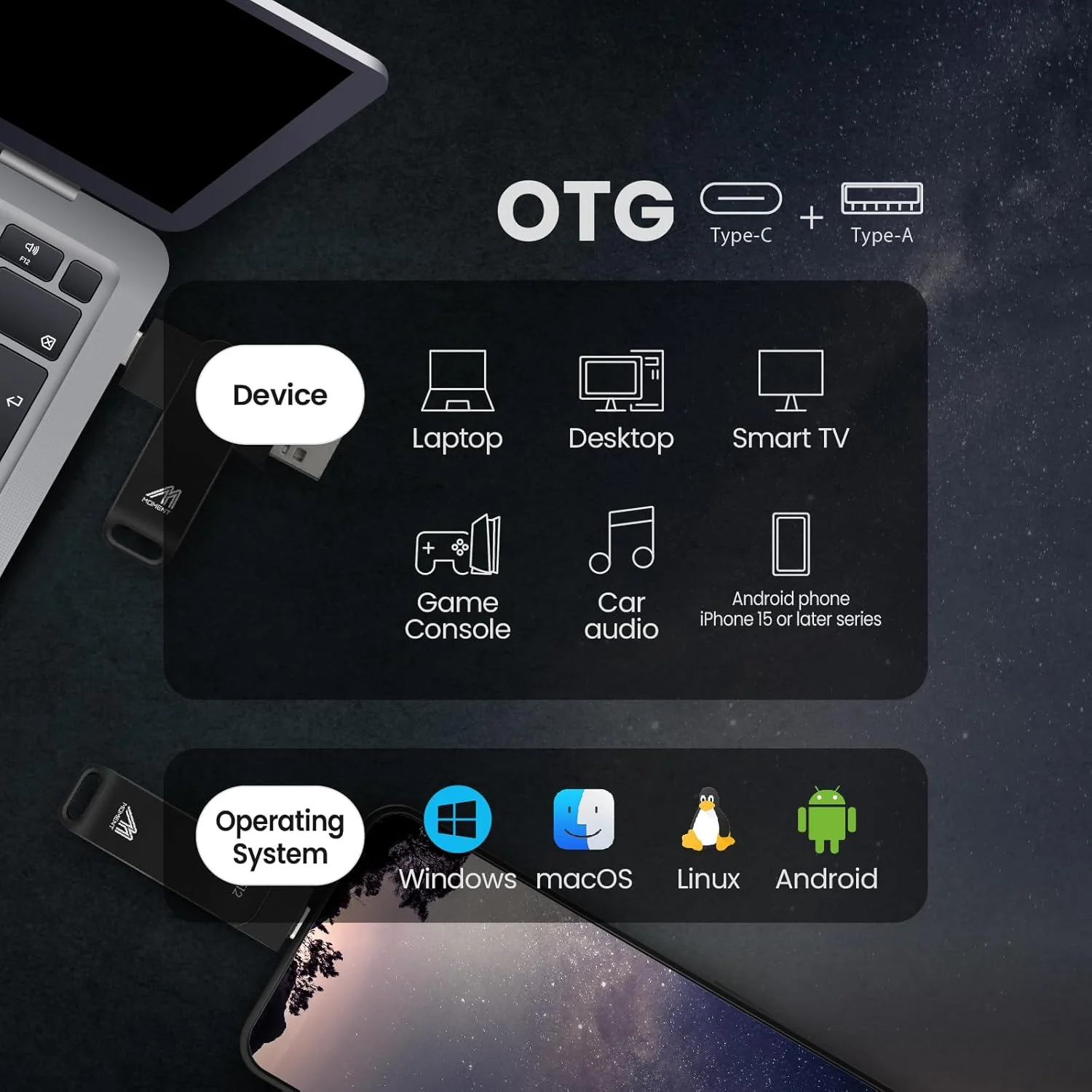 حافظه اس اس دی اکسترنال MMOMENT MUP50 با ظرفیت 512 گیگابایت – سازگار با USB-C و USB-A، اس اس دی قابل حمل USB 3.2 5Gbps، سرعت خواندن 530 مگابایت بر ثانیه، سرعت نوشتن 480 مگابایت بر ثانیه، سرعت پایدار 110 مگابایت بر ثانیه – سازگار با آیفون 15 و جدیدتر، اندروید، PS5، استیم دک، کامپیوتر