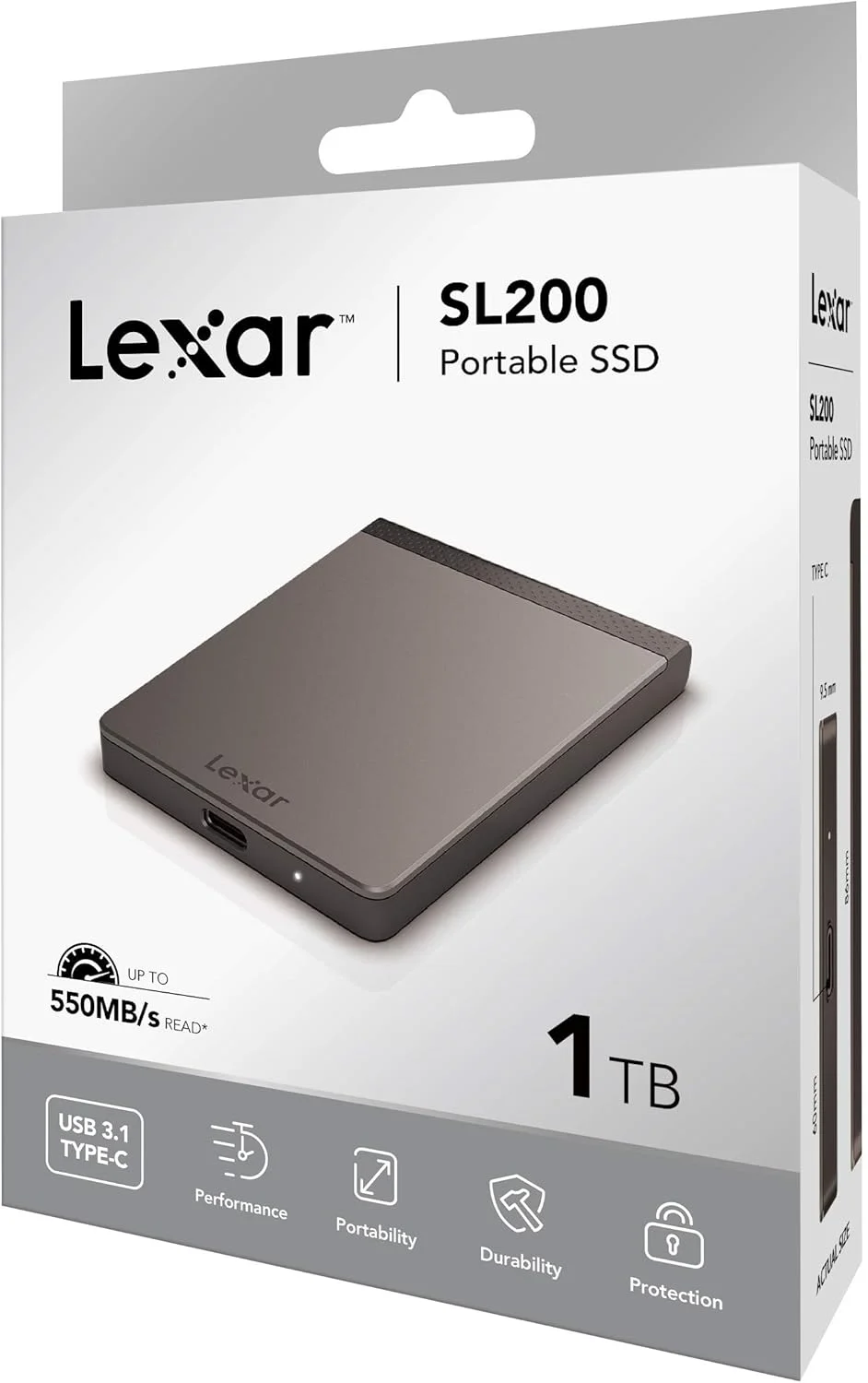 حافظه اس اس دی اکسترنال قابل حمل Lexar SL200 با ظرفیت 1 ترابایت، سرعت خواندن/نوشتن تا 550 مگابایت بر ثانیه، USB-C