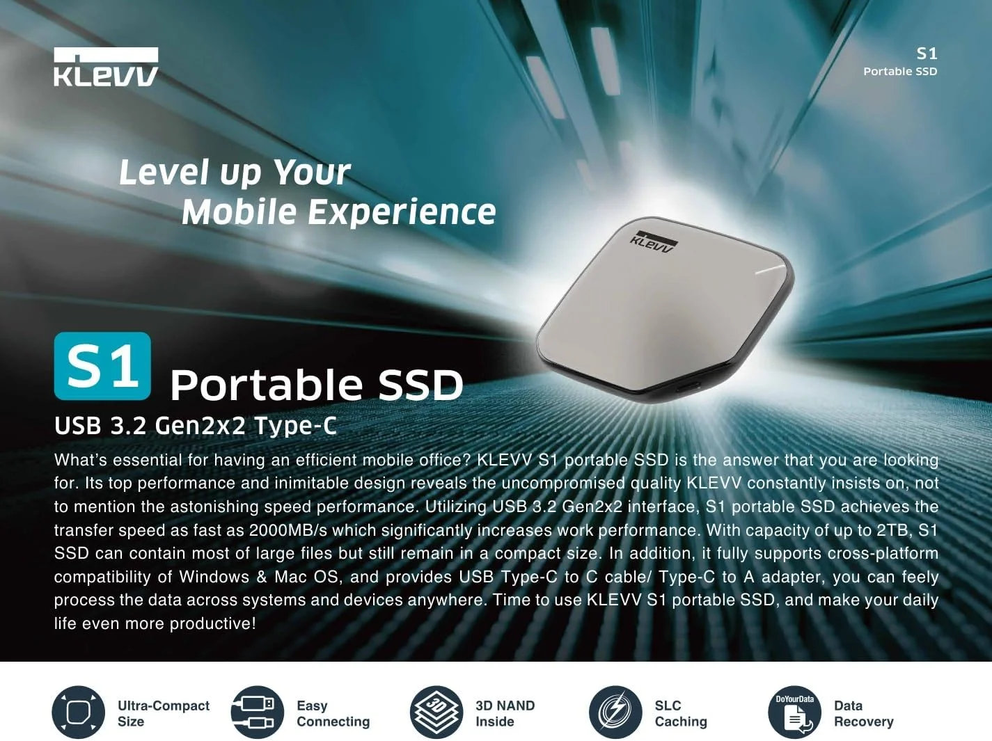 درایو اس اس دی قابل حمل KLEVV S1 با ظرفیت 1 ترابایت، سرعت تا 2000 مگابایت بر ثانیه، USB 3.2 Gen2x2 Type-C&A، درایو حالت جامد اکسترنال برای PC و PS4/PS5 (K01TBPSSU3-PS1)