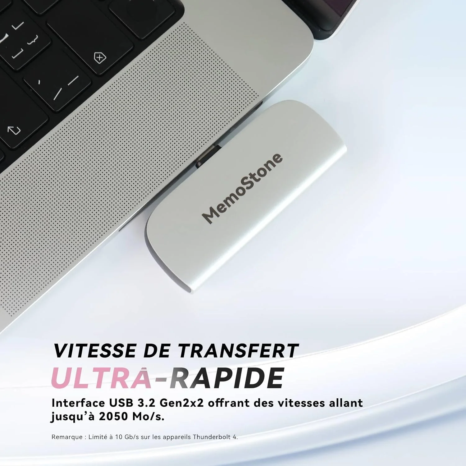 حافظه اس اس دی اکسترنال قابل حمل KingSpec MemoStone با ظرفیت 512 گیگابایت و رابط USB-C با سرعت 2000 مگابایت بر ثانیه، درایو حالت جامد پرسرعت با رابط USB 3.2 Gen2x2 20 گیگابیت بر ثانیه، سازگار با محصولات اپل (512 گیگابایت، نقره ای)