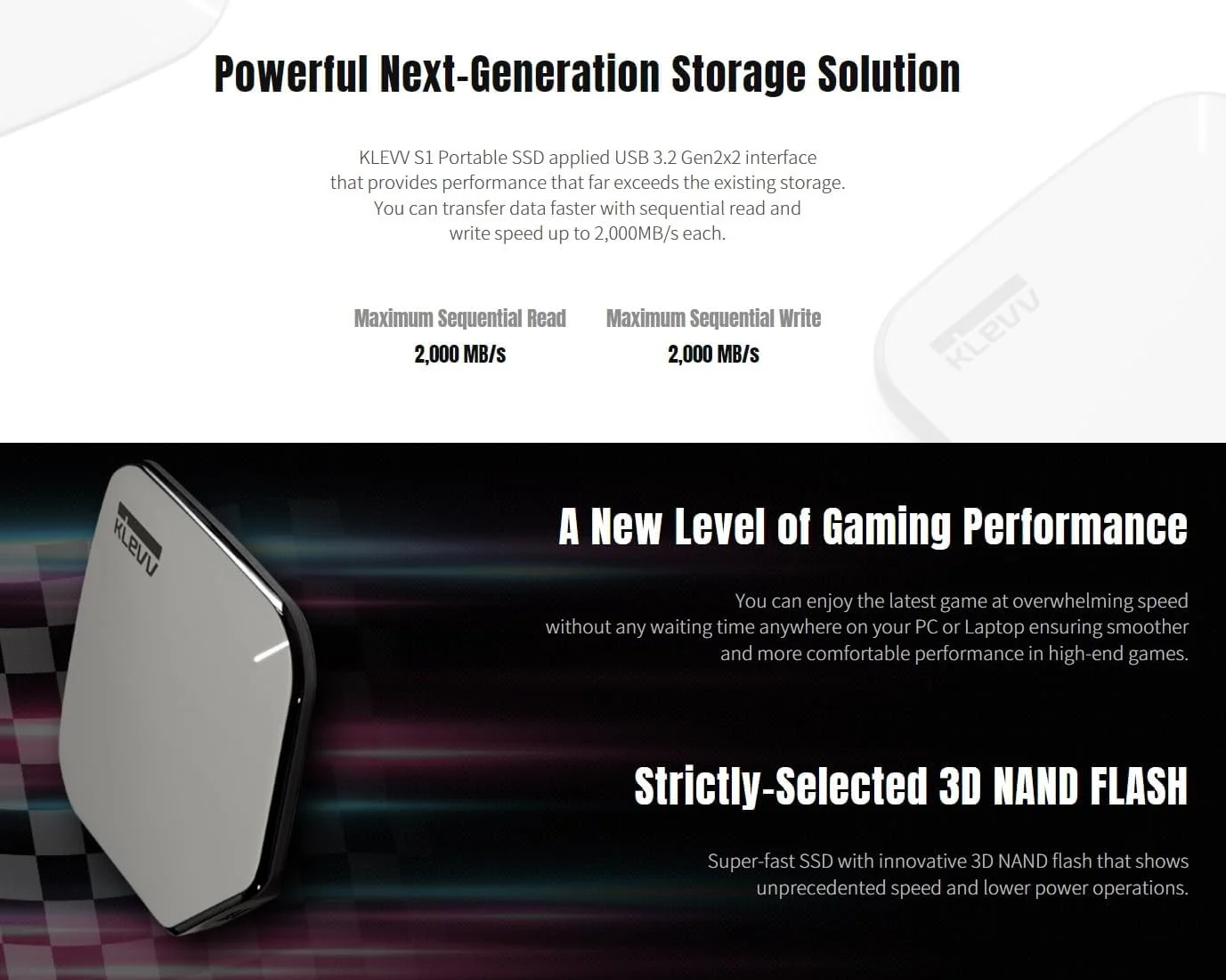 درایو اس اس دی قابل حمل KLEVV S1 با ظرفیت 1 ترابایت، سرعت تا 2000 مگابایت بر ثانیه، USB 3.2 Gen2x2 Type-C&A، درایو حالت جامد اکسترنال برای PC و PS4/PS5 (K01TBPSSU3-PS1)