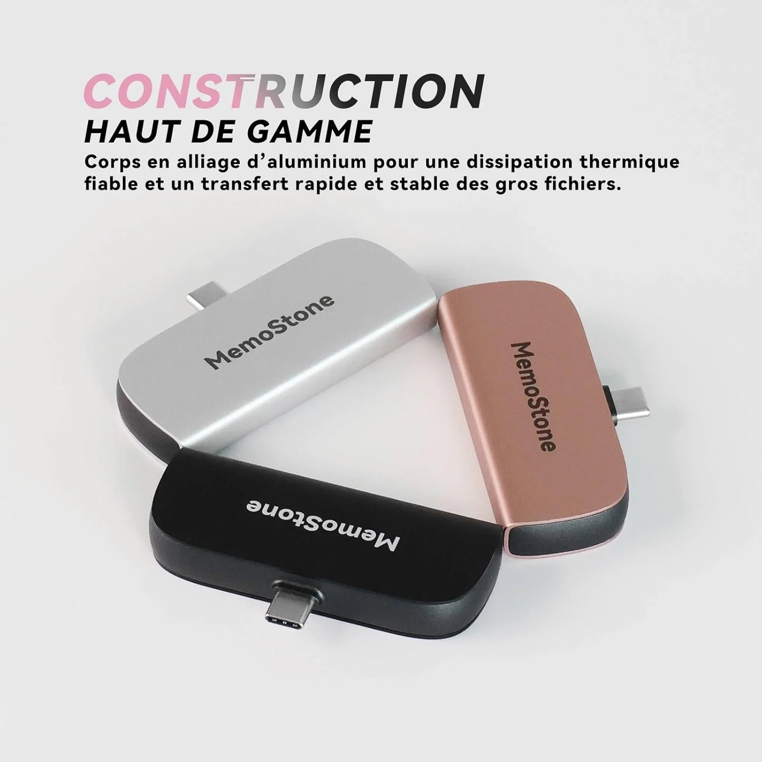 حافظه اس اس دی اکسترنال قابل حمل KingSpec MemoStone با ظرفیت 512 گیگابایت و رابط USB-C با سرعت 2000 مگابایت بر ثانیه، درایو حالت جامد پرسرعت با رابط USB 3.2 Gen2x2 20 گیگابیت بر ثانیه، سازگار با محصولات اپل (512 گیگابایت، نقره ای)