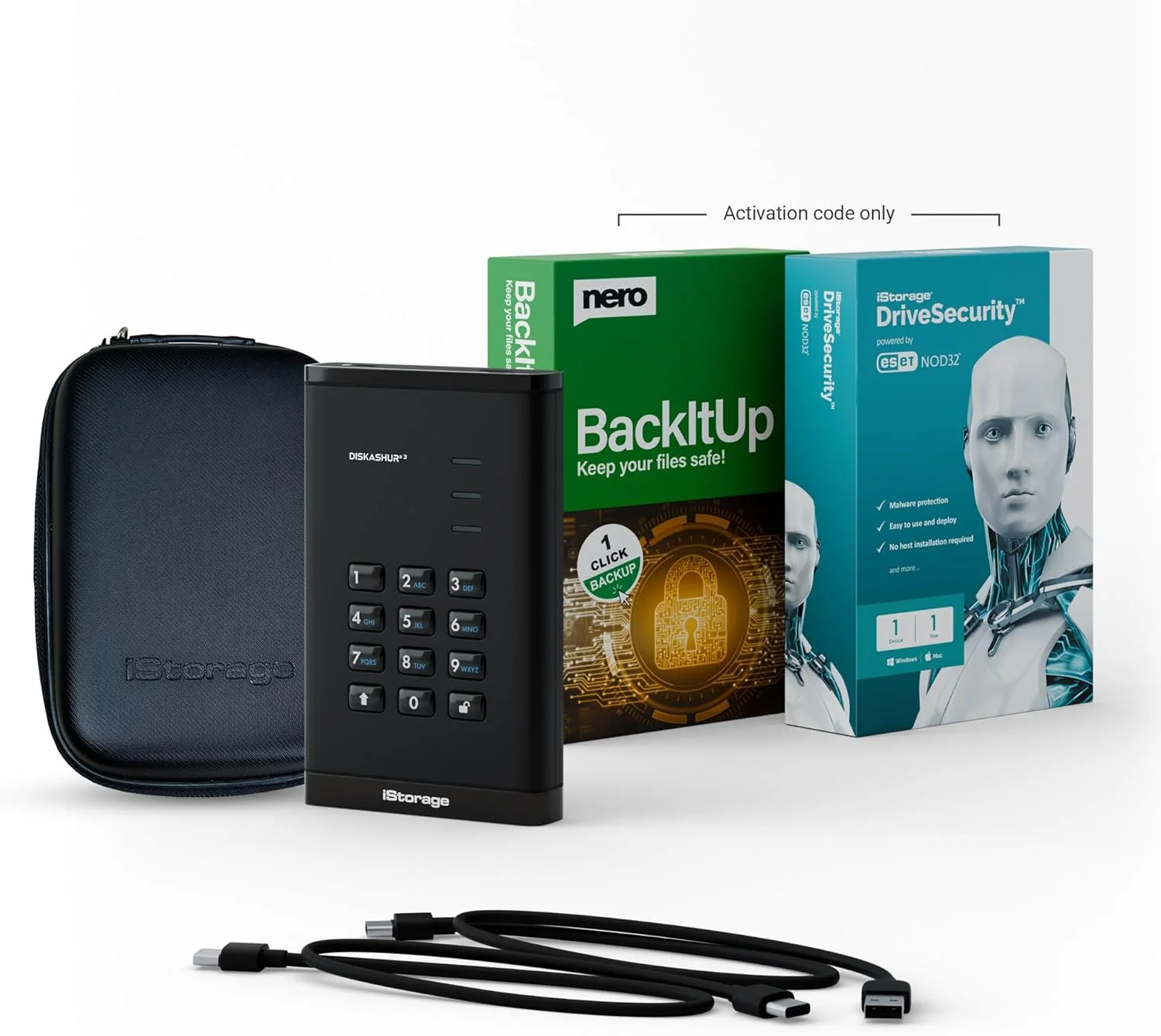 درایو SSD قابل حمل امن iStorage DiskAshur3 با ظرفیت 2 ترابایت - مقاوم در برابر گرد و غبار و آب - رمزگذاری سخت افزاری