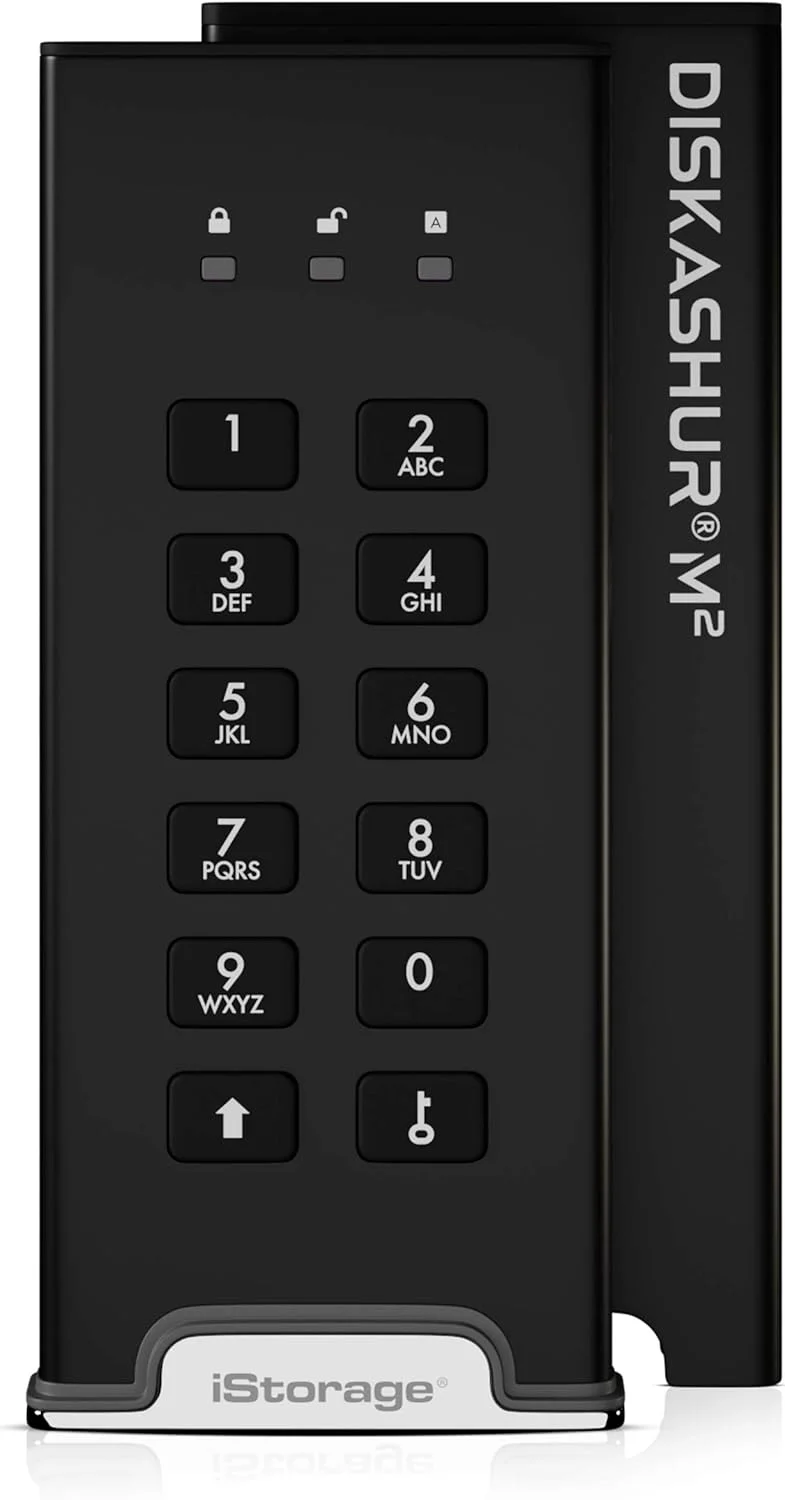 iStorage diskAshur M2 2TB - SSD قابل حمل USB 3.2 رمزگذاری شده سخت افزاری با احراز هویت پین - فوق العاده سریع - مقاوم و قابل حمل