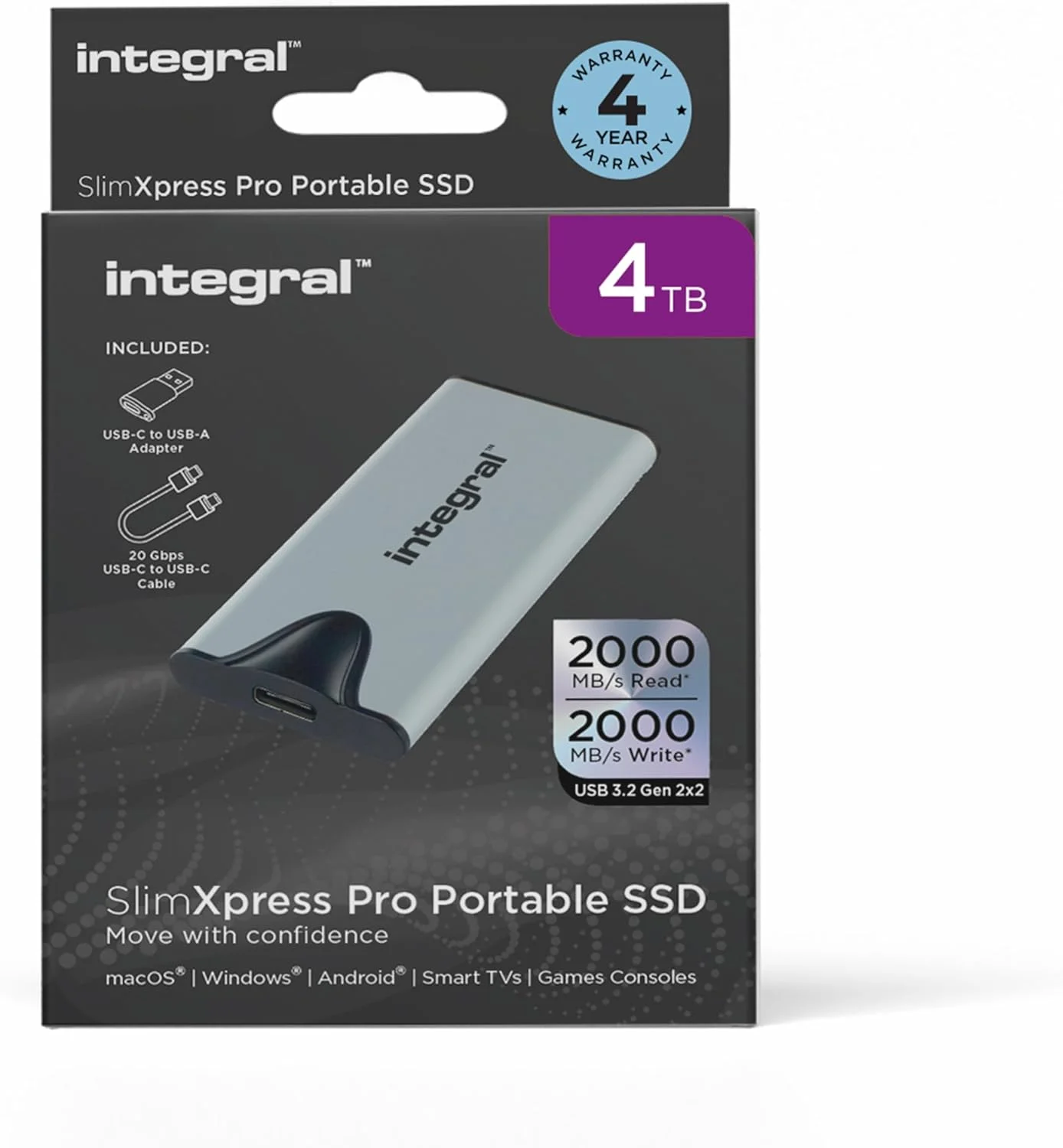 هارد درایو اکسترنال اس اس دی قابل حمل اینتگرال SlimXpress Pro با ظرفیت 4 ترابایت: USB-C، سرعت خواندن/نوشتن 2000 مگابایت بر ثانیه، USB 3.2 Gen 2x2، جمع و جور، Plug & Play، سازگار با مک، ویندوز، اندروید، ایکس باکس، پلی استیشن