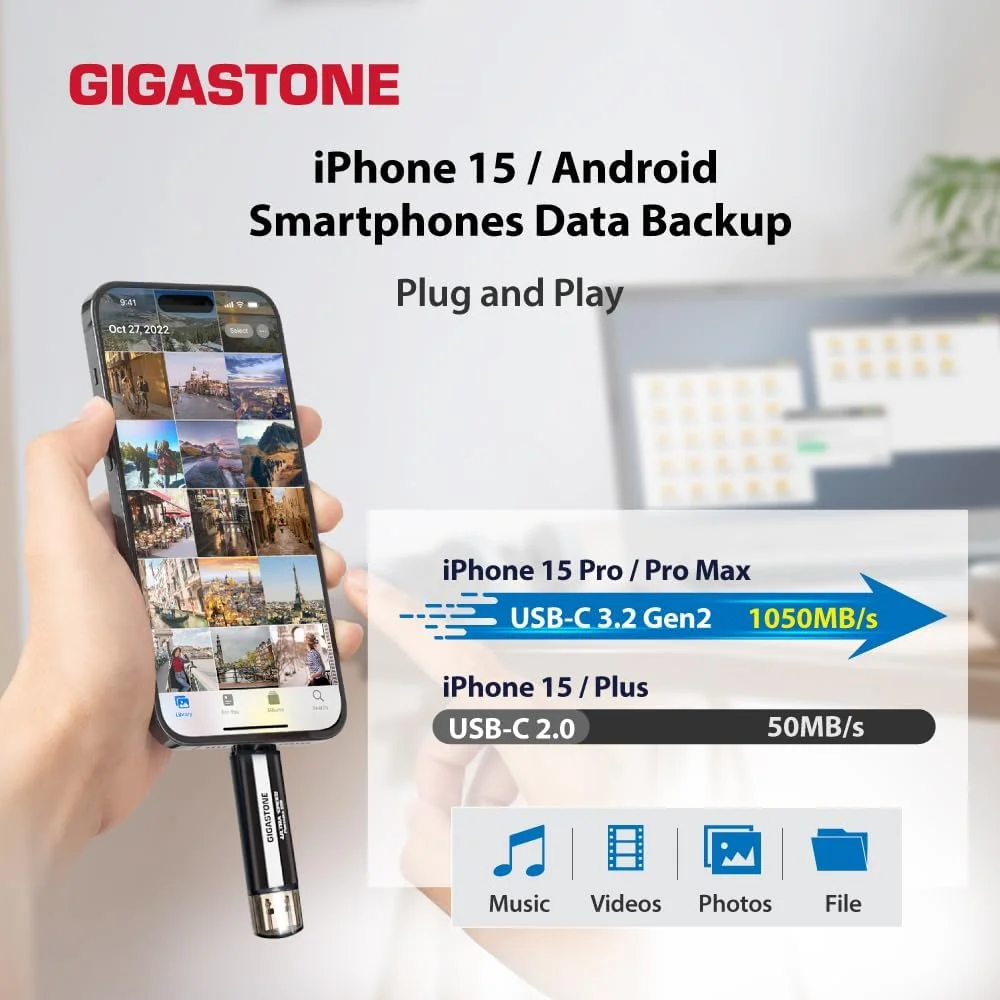 حافظه اس اس دی اکسترنال گیگاستون ۱ ترابایت USB-C برای PS5 آیفون ۱۵، سرعت ۱۰۰۰ مگابایت بر ثانیه USB 3.2 Gen 2 Type-C + Type-A، درایو حالت جامد قابل حمل برای مک بوک آیپد PS4 Xbox، هارد درایو پشتیبان SSD گیمینگ