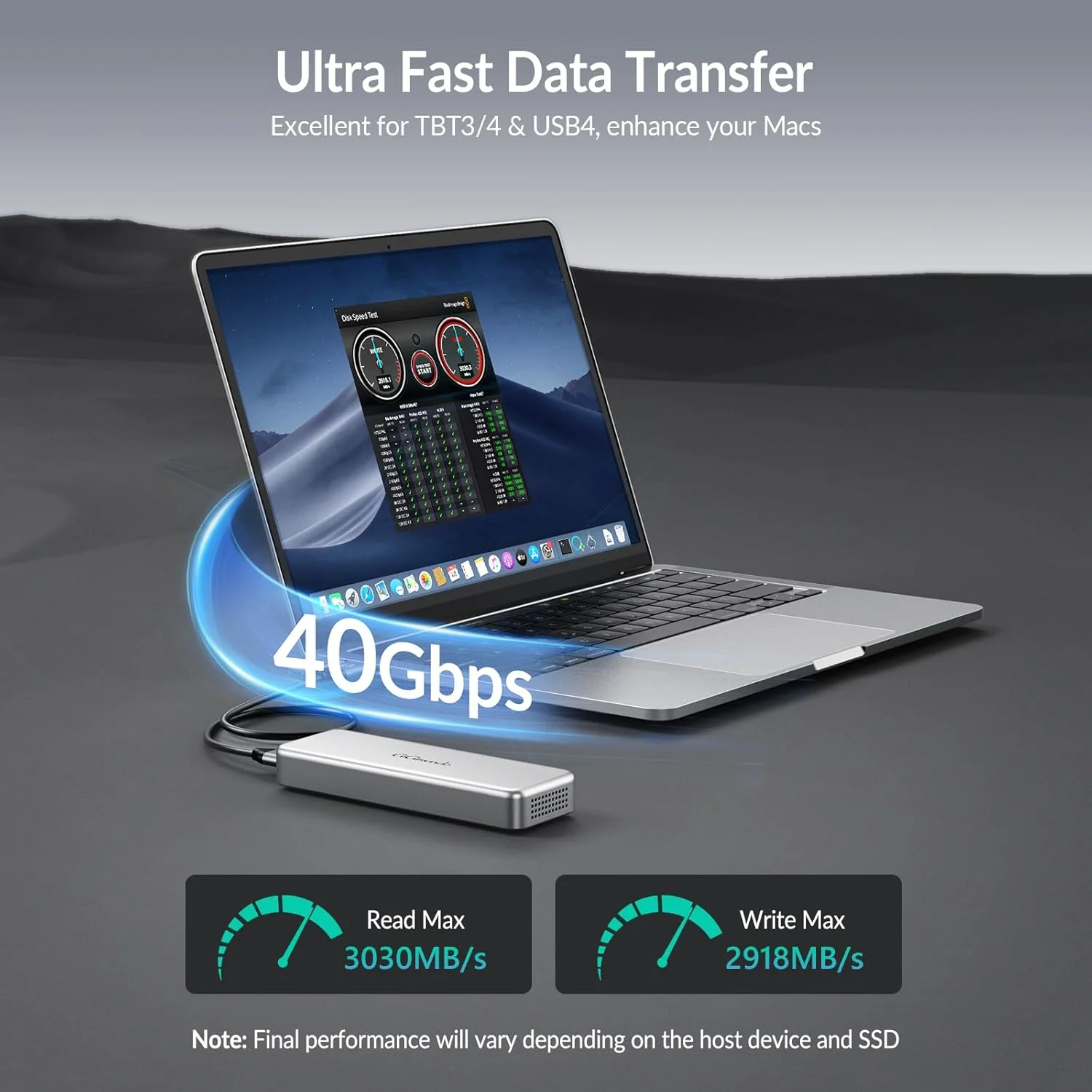 درایو حالت جامد قابل حمل GiGimundo G40 با ظرفیت 4 ترابایت و سرعت 40 گیگابیت بر ثانیه، درایو حالت جامد خارجی دستی، سرعت انتقال داده تا 3200 مگابایت بر ثانیه برای Thunderbolt 3/4/USB4