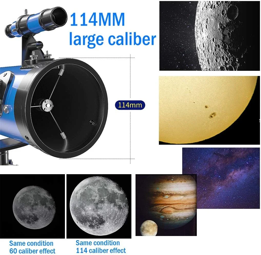 تلسکوپ YXCKG برای کودکان، تلسکوپ های نجومی مبتدی با دیافراگم 114 میلی‌متری به همراه سه پایه، تلسکوپ شروع ستاره‌نگاری، تلسکوپ شکست نوری HD برای فضای باز، فیلتر ماه، برای مشاهده آسمان