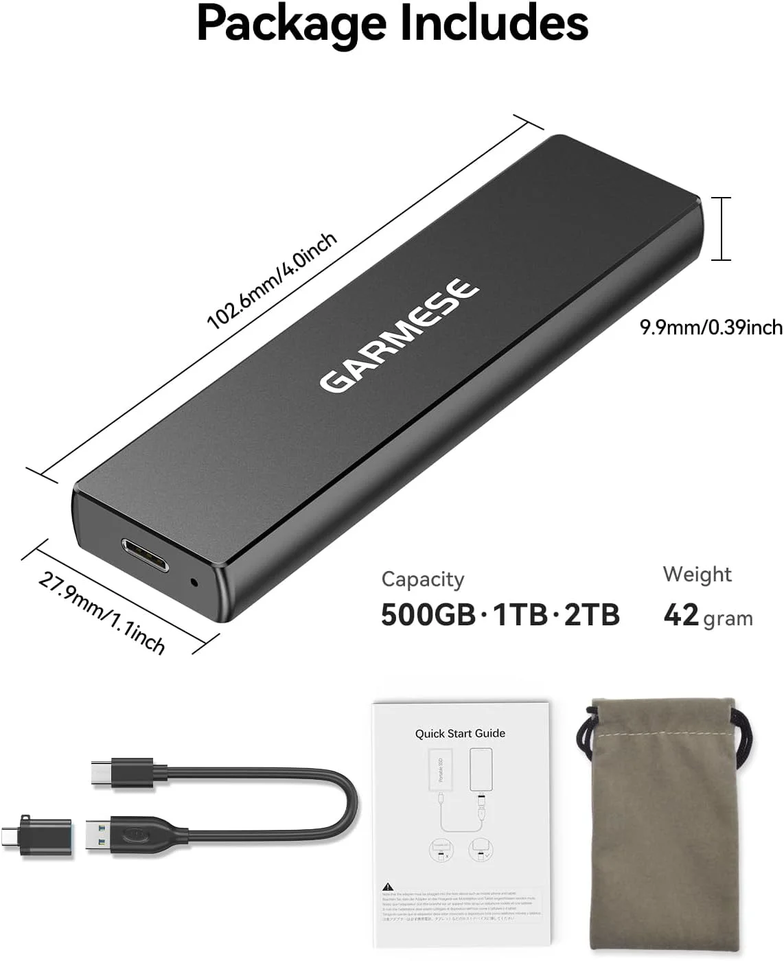 حافظه اس اس دی اکسترنال 512 گیگابایت قابل حمل با سرعت تا 1000 مگابایت بر ثانیه USB 3.2 Gen 2، درایوهای حالت جامد اکسترنال با کابل Type-C، درایو حالت جامد قابل حمل برای کامپیوتر، مک و کنسول بازی