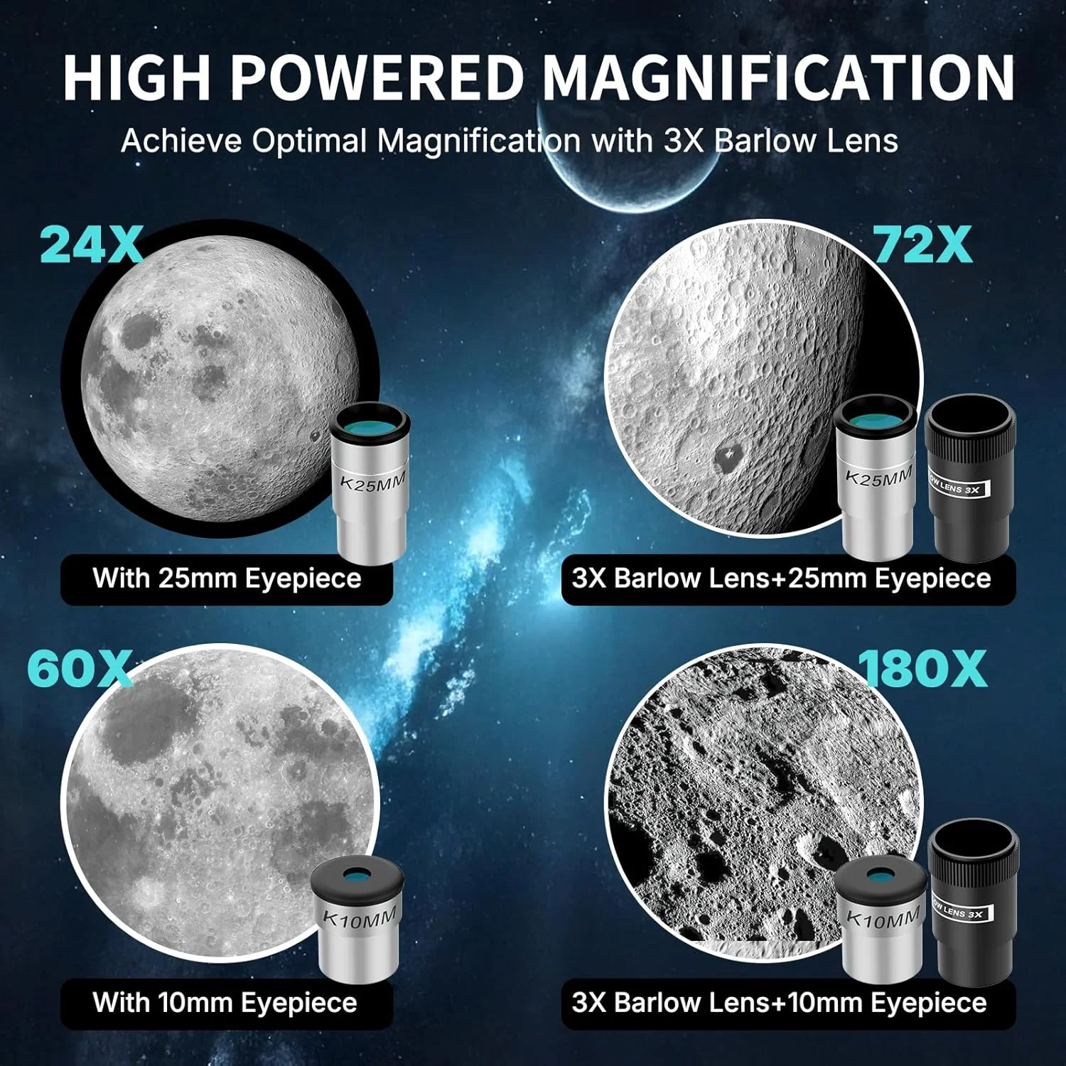 تلسکوپ Wosports برای بزرگسالان، دیافراگم 90 میلی‌متری، تلسکوپ شکستنی حرفه‌ای قابل حمل 600 میلی‌متری برای مبتدیان، بزرگنمایی 180X، با سه‌پایه قابل تنظیم پایدار، آداپتور تلفن، کیف حمل